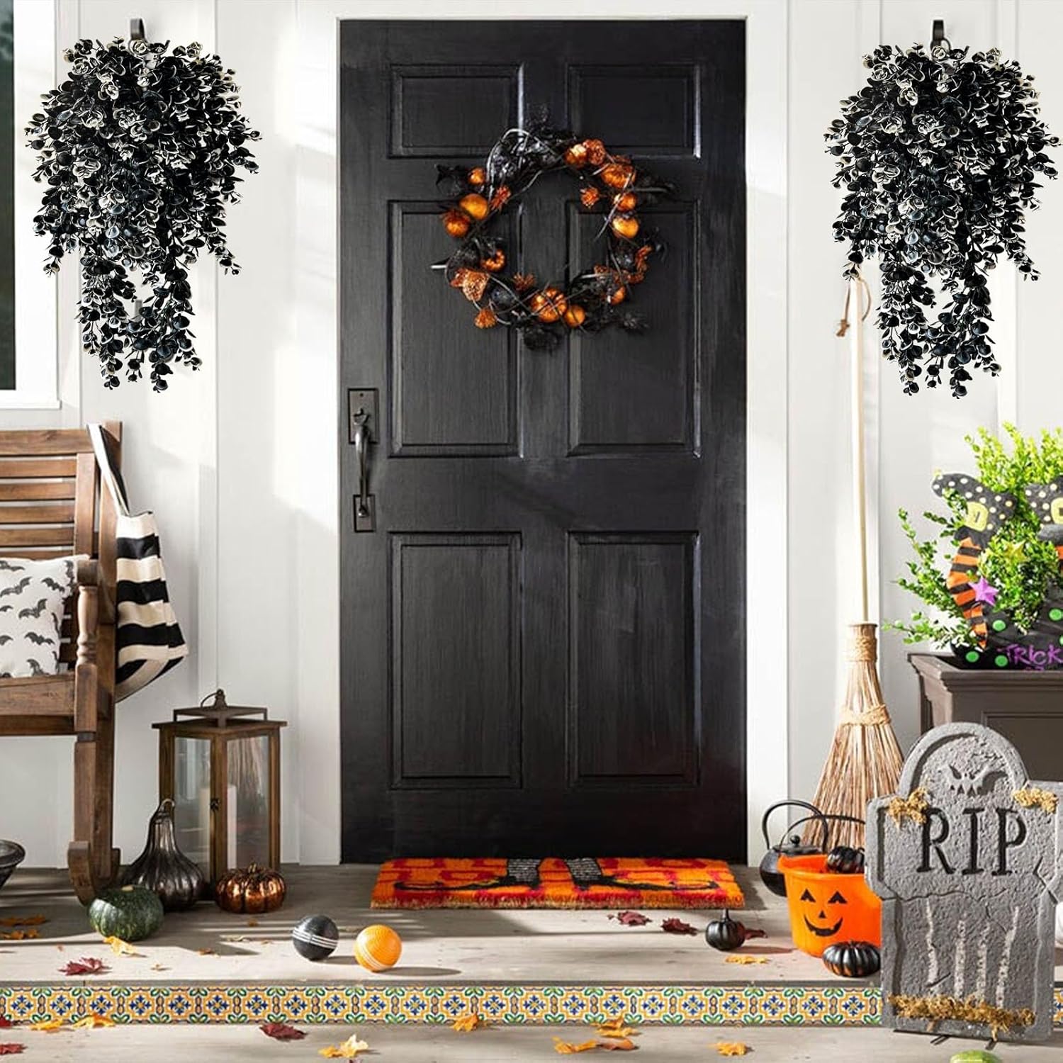 Vine Plant Fake 4 Pcs Ferns Artificial Plants Large Faux Hanging Plant Artificial Hanging Plants Wall Plants Fake Ivy Room Decor Home Garden Wedding Party Indoor Outdoor Decorations(Black White) - Image 3