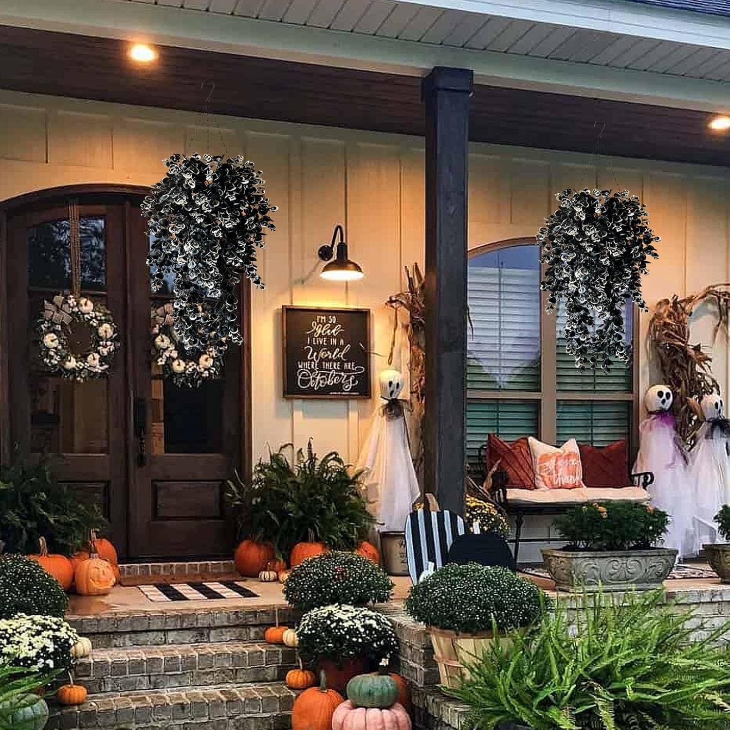 Vine Plant Fake 4 Pcs Ferns Artificial Plants Large Faux Hanging Plant Artificial Hanging Plants Wall Plants Fake Ivy Room Decor Home Garden Wedding Party Indoor Outdoor Decorations(Black White) - Image 4