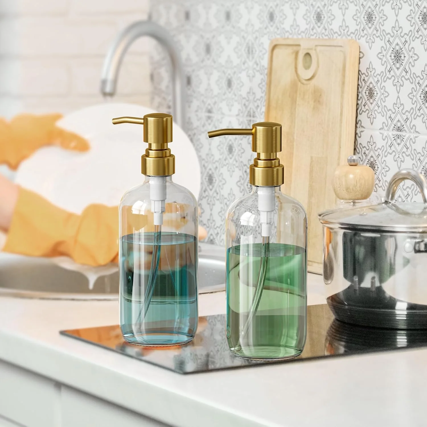 AmazerBath Soap Dispenser, 2 Pack Glass Soap Dispenser with Pump Stainless Steel, 17OZ - Image 6