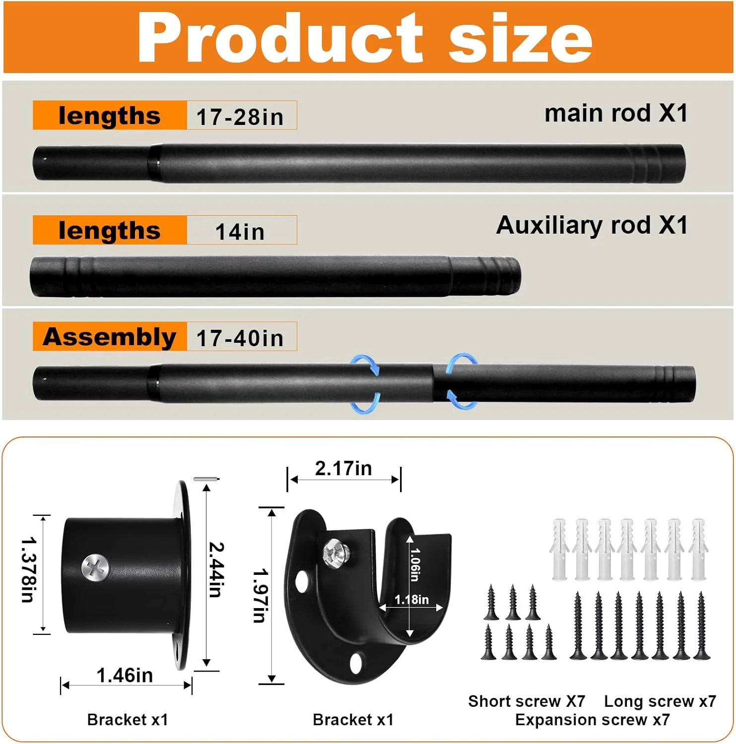Closet Rod, 17 to 40 Inch Closet Rods for Hanging Clothes, 1.3 Inch Diameter Stepless Adjustable Clothes Hanging Rod, Black Heavy Duty Hanging Bar for Closet Wardrobes Bathroom Laundry - Image 2