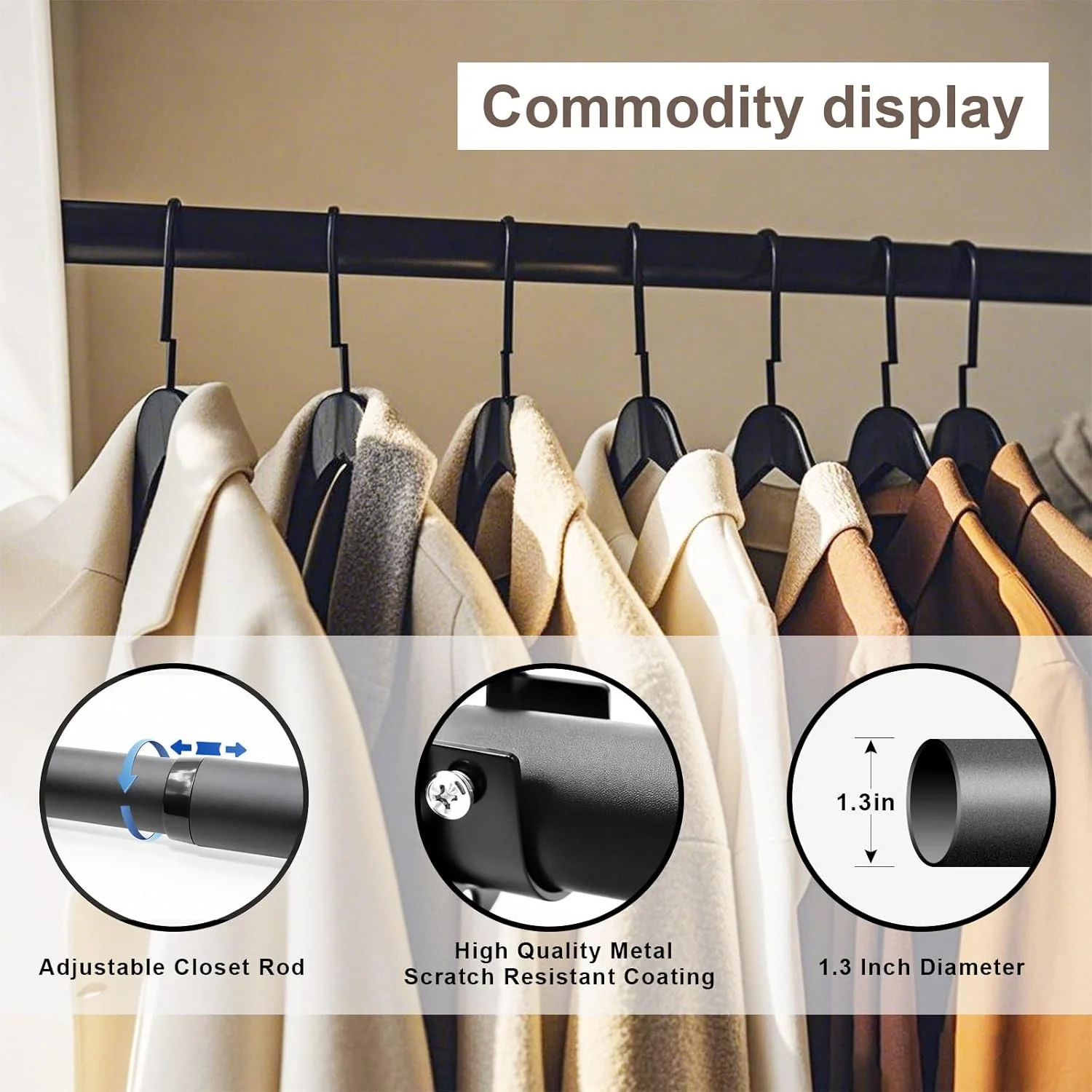 Closet Rod, 17 to 40 Inch Closet Rods for Hanging Clothes, 1.3 Inch Diameter Stepless Adjustable Clothes Hanging Rod, Black Heavy Duty Hanging Bar for Closet Wardrobes Bathroom Laundry - Image 3