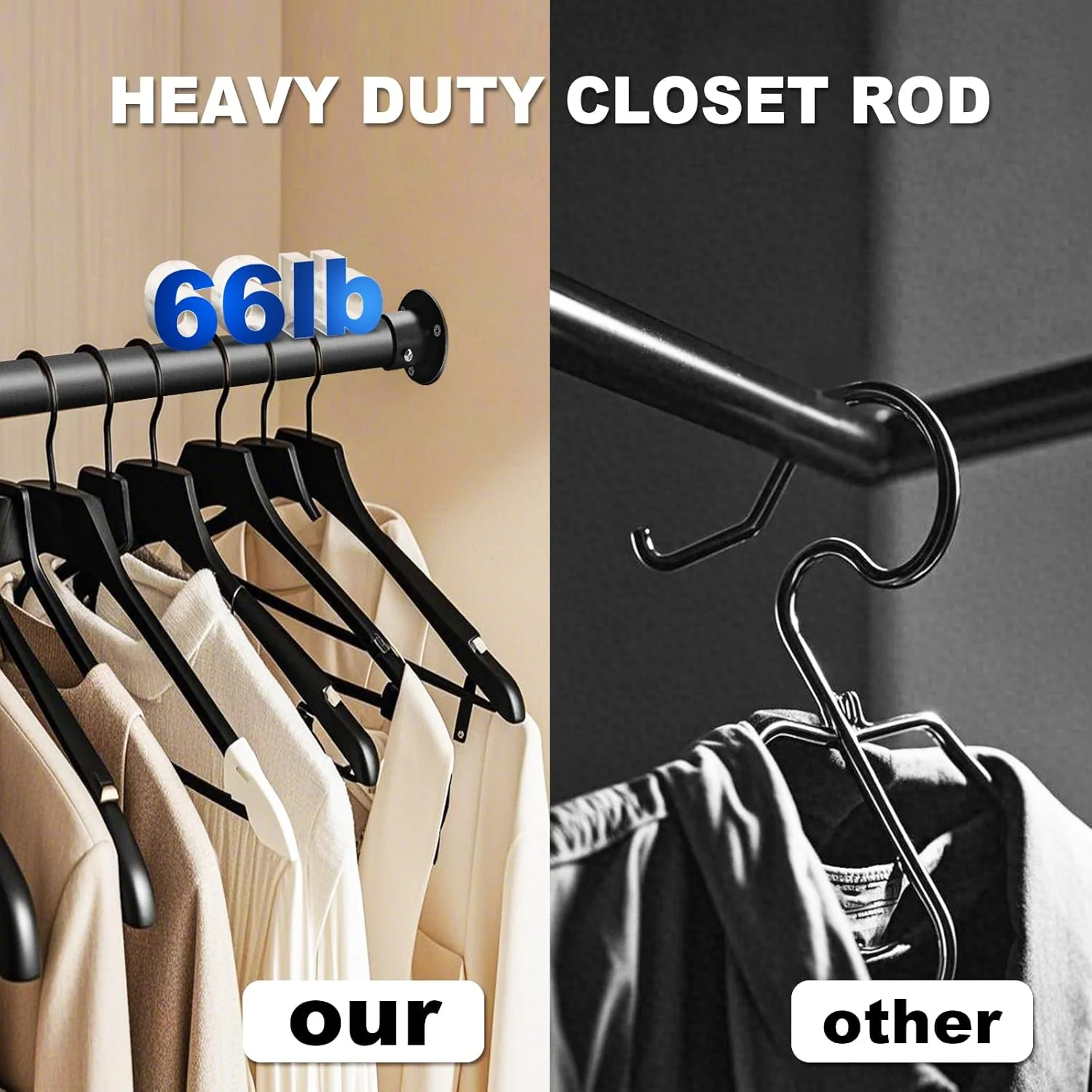 Closet Rod, 17 to 40 Inch Closet Rods for Hanging Clothes, 1.3 Inch Diameter Stepless Adjustable Clothes Hanging Rod, Black Heavy Duty Hanging Bar for Closet Wardrobes Bathroom Laundry - Image 4