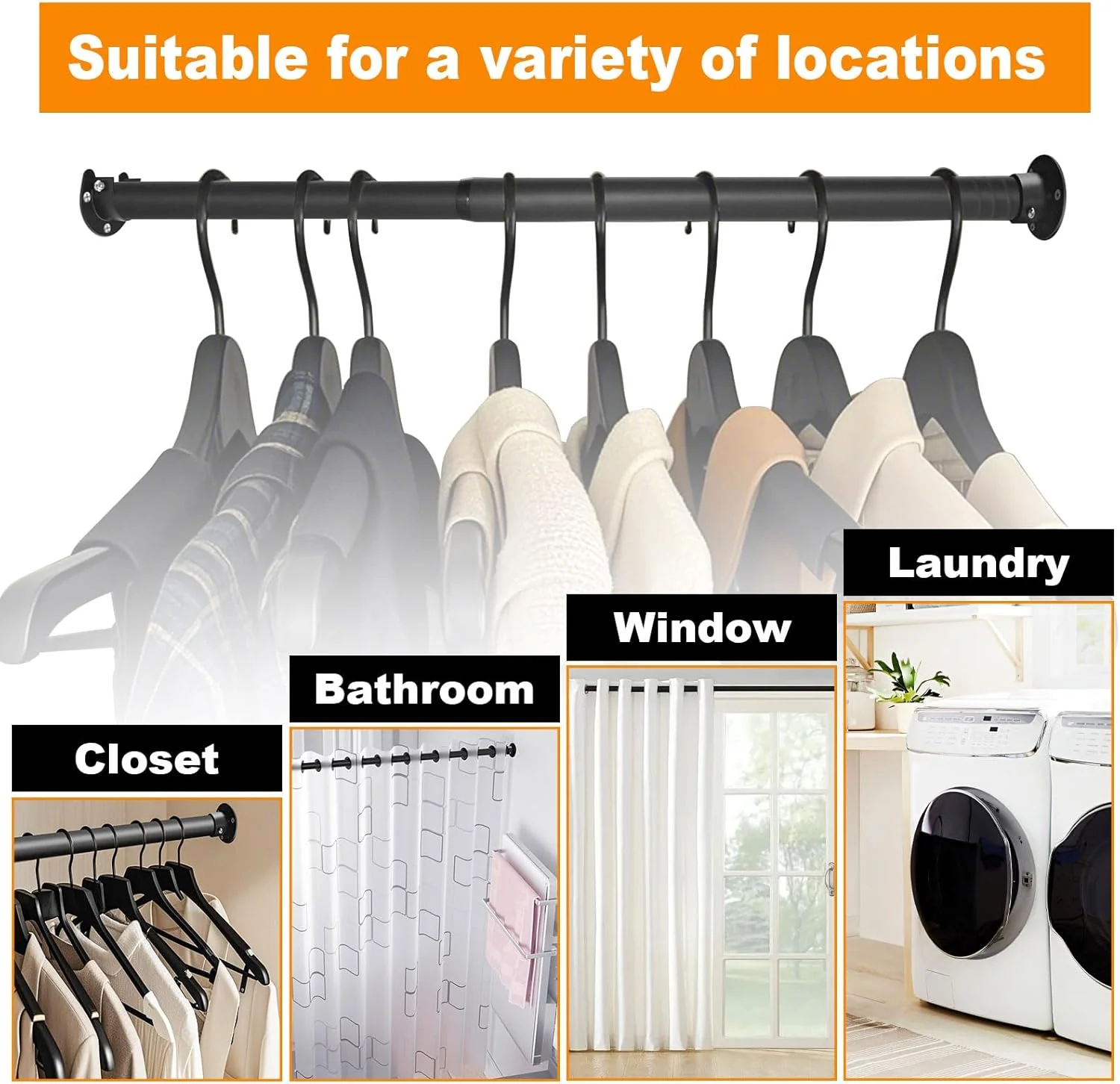 Closet Rod, 17 to 40 Inch Closet Rods for Hanging Clothes, 1.3 Inch Diameter Stepless Adjustable Clothes Hanging Rod, Black Heavy Duty Hanging Bar for Closet Wardrobes Bathroom Laundry - Image 6