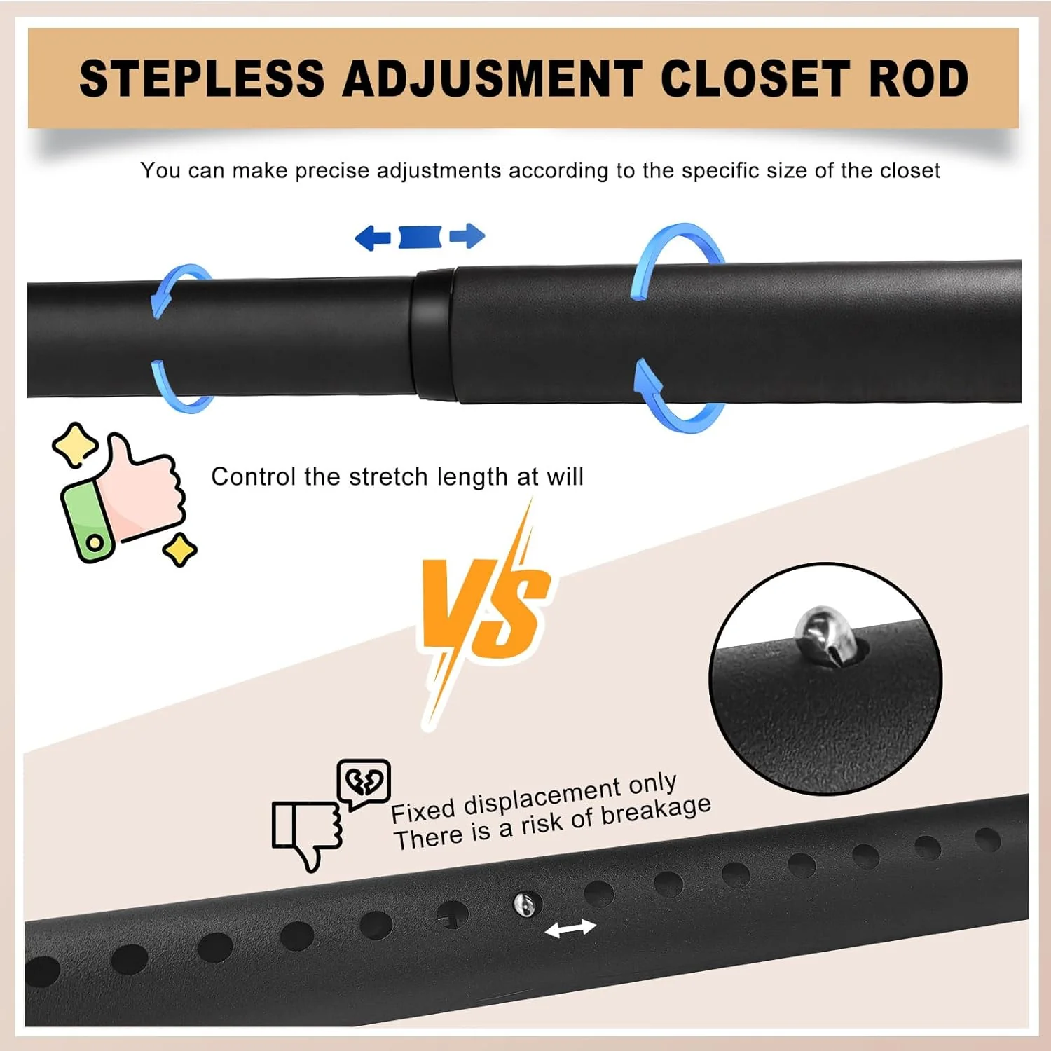 Closet Rod, 17 to 40 Inch Closet Rods for Hanging Clothes, 1.3 Inch Diameter Stepless Adjustable Clothes Hanging Rod, Black Heavy Duty Hanging Bar for Closet Wardrobes Bathroom Laundry - Image 7