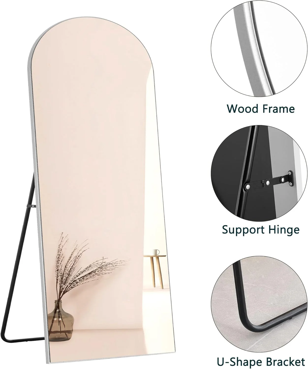NeuType Arched Full Length Mirror, 65"x22"Full Body Mirror, Wooden Thin Frame, Hanging or Leaning Against Wall, Oversized Large Bedroom Mirror, Floor Mirror, Dressing Mirror, Silver - Image 6