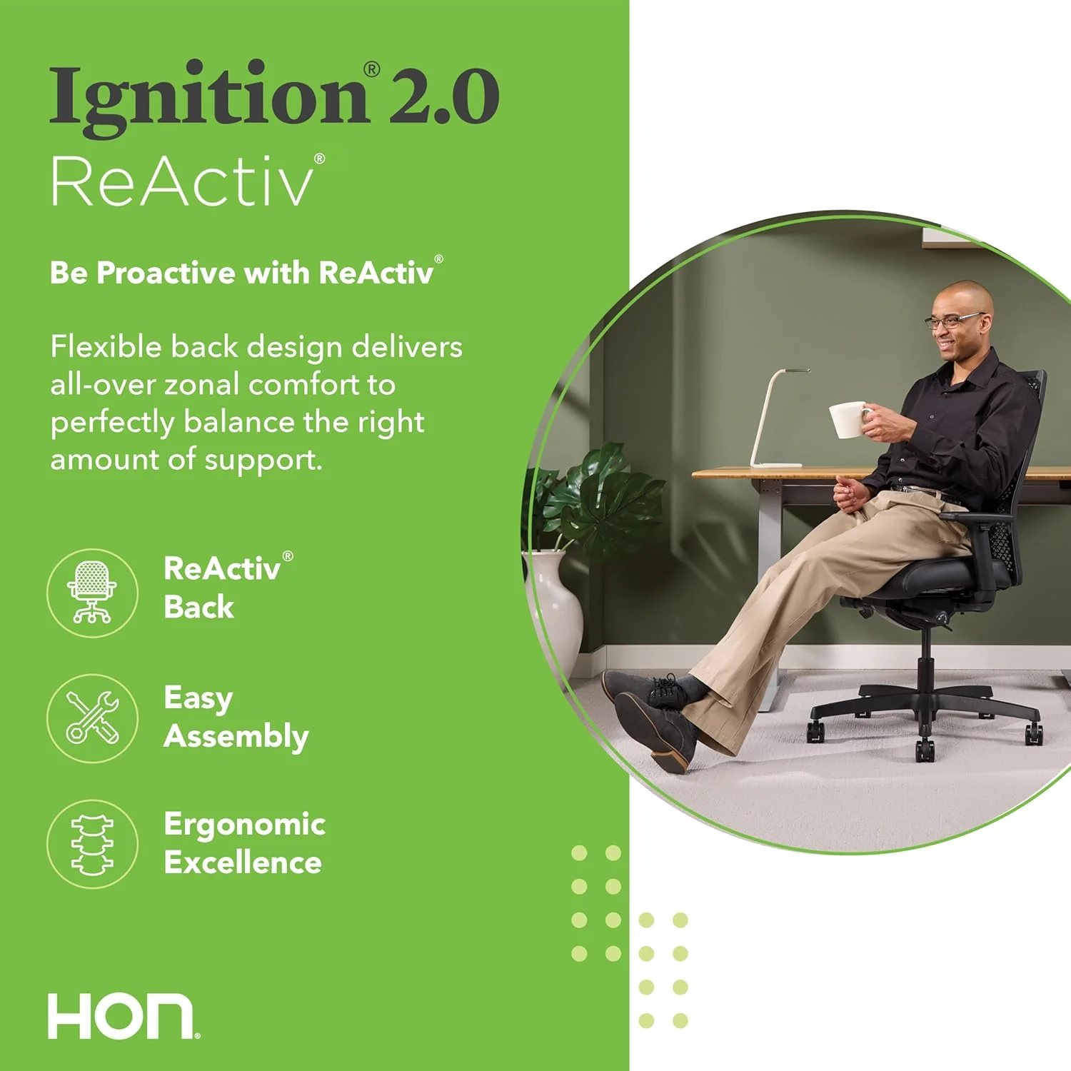 WHITE - HON Ignition 2.0 ReActiv Ergonomic Office Chair, Synchro-Tilt Recline, Breathable Flex Back, Swivel Wheels, Comfortable Desk Chair for Long Hours - Image 4
