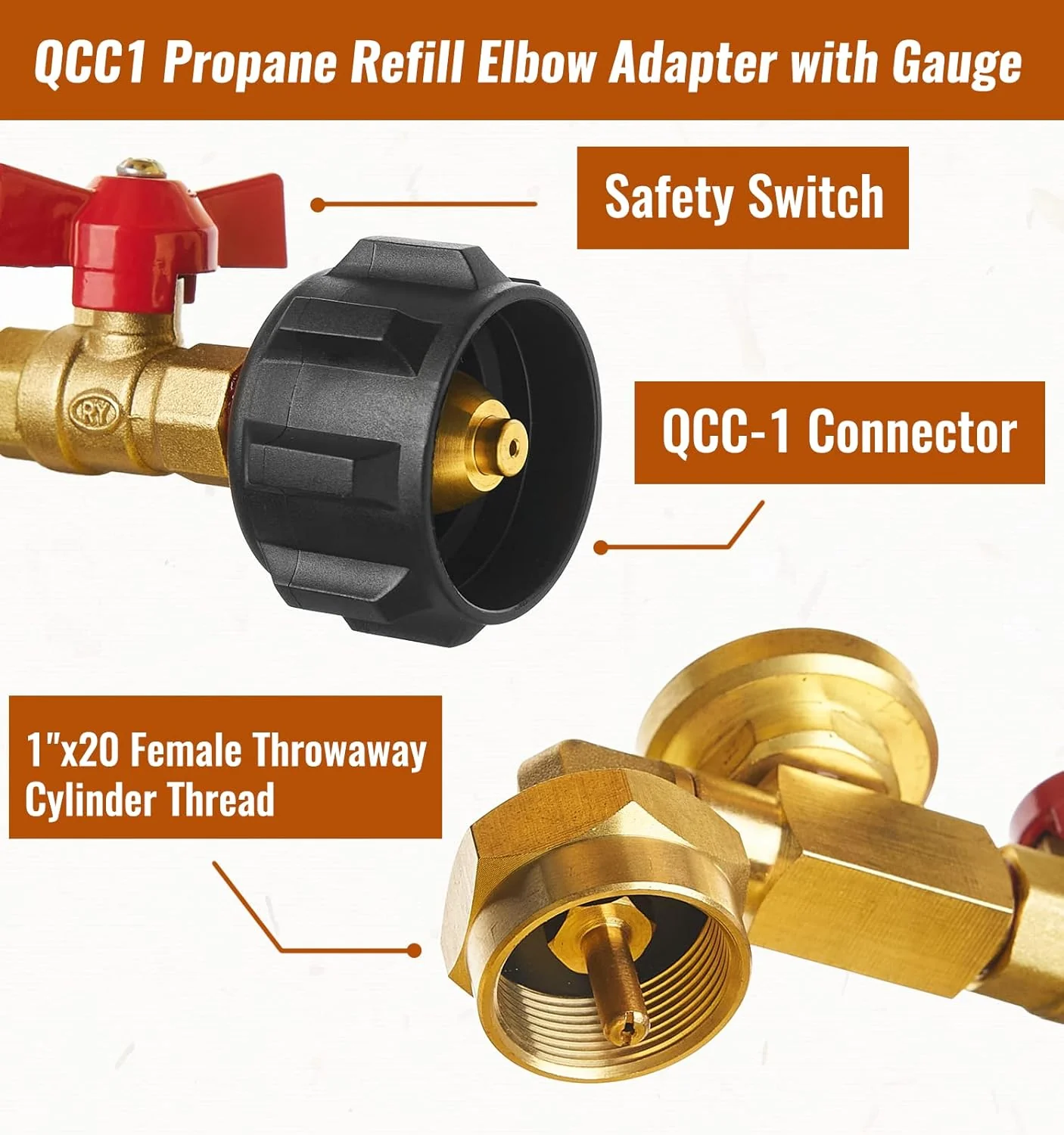 Propane Refill Adapter with Valve and Gauge, Fill 1 Pound Bottles from 20lb Tank, Fits QCC1 / Type1 Propane Tank and 1 lb Throwaway Disposable Cylinder Propane Bottle Connector - Image 2