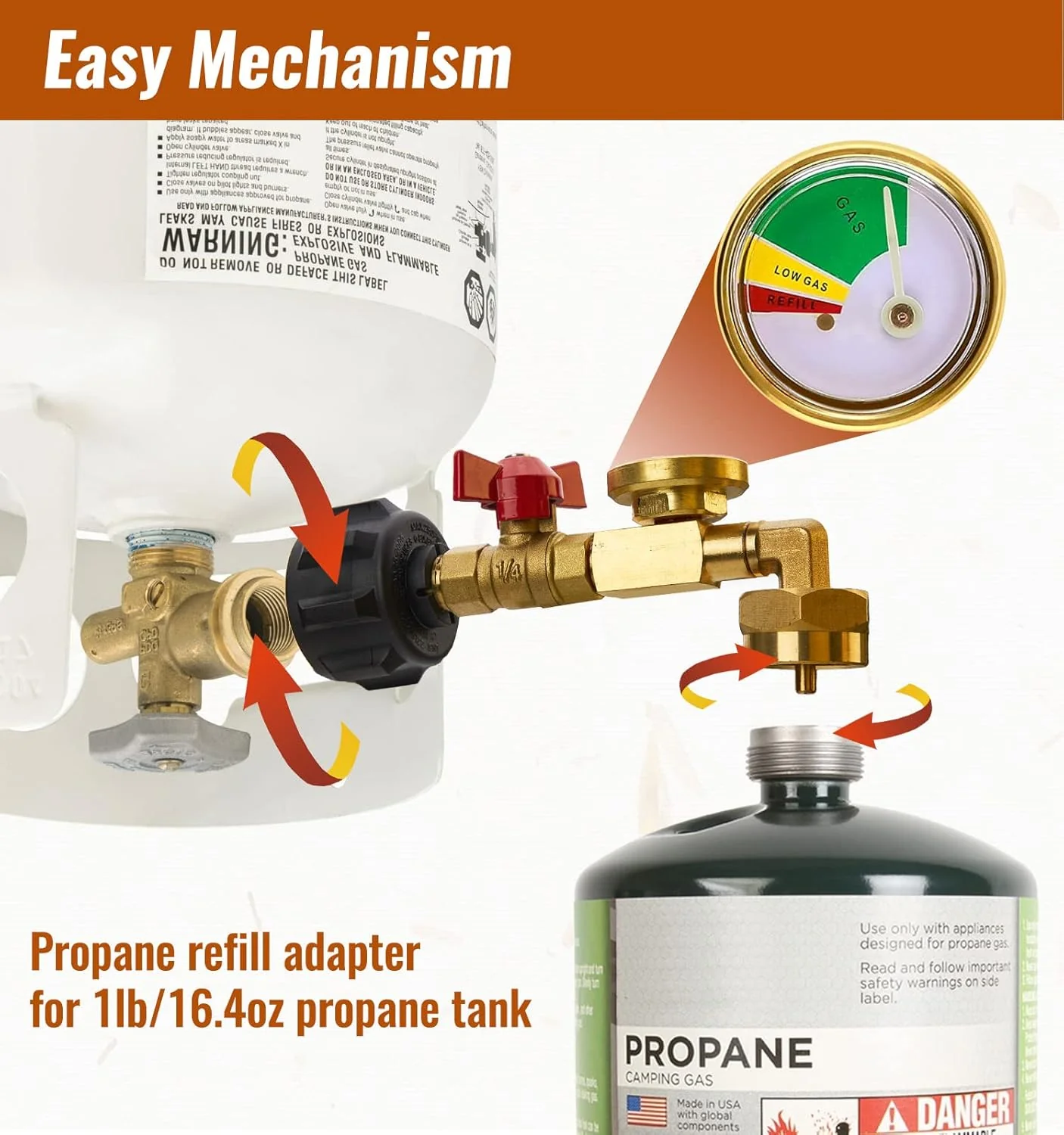 Propane Refill Adapter with Valve and Gauge, Fill 1 Pound Bottles from 20lb Tank, Fits QCC1 / Type1 Propane Tank and 1 lb Throwaway Disposable Cylinder Propane Bottle Connector - Image 4