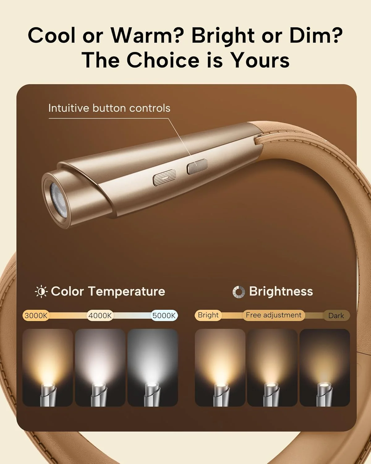 LED Neck Reading Light, Book Light for Reading in Bed, 3 Colors, 9 Brightness Levels, Lightweight Comfortable Design, Long Lasting, Perfect for Knitting,Crafting,Camping,Gold Rose - Image 3