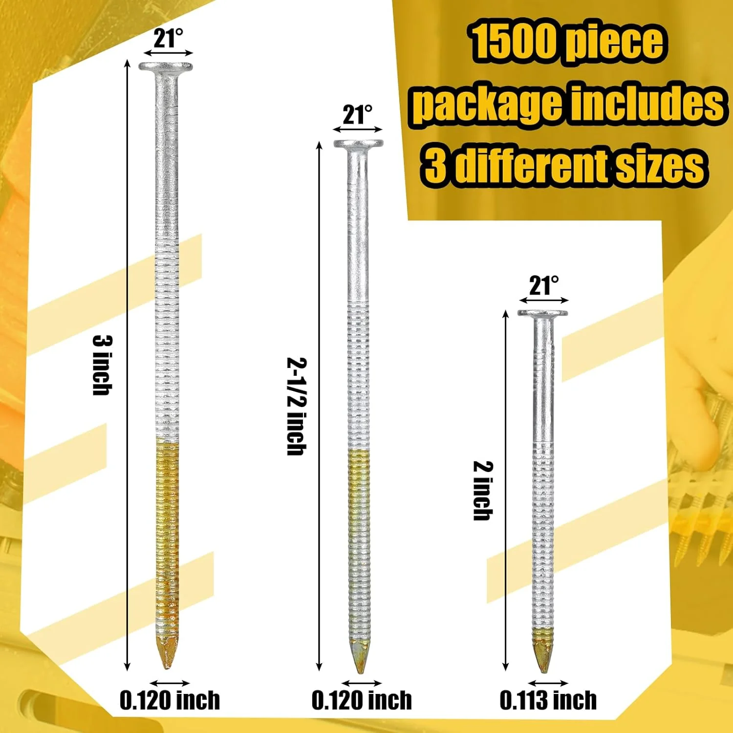 Therwen 1500 Count 21 Degree Framing Nails Ring Shank Nails for Use in All Pressure Treated Lumber, Flat D Head, Galvanized, Plastic Row Fixed (2" 2-1/2" 3") - Image 2