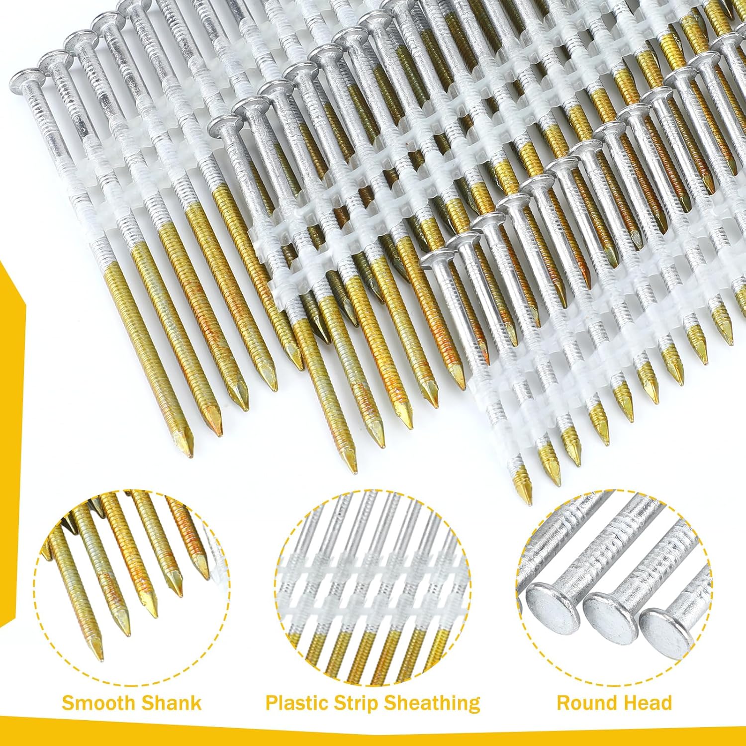 Therwen 1500 Count 21 Degree Framing Nails Ring Shank Nails for Use in All Pressure Treated Lumber, Flat D Head, Galvanized, Plastic Row Fixed (2" 2-1/2" 3") - Image 4