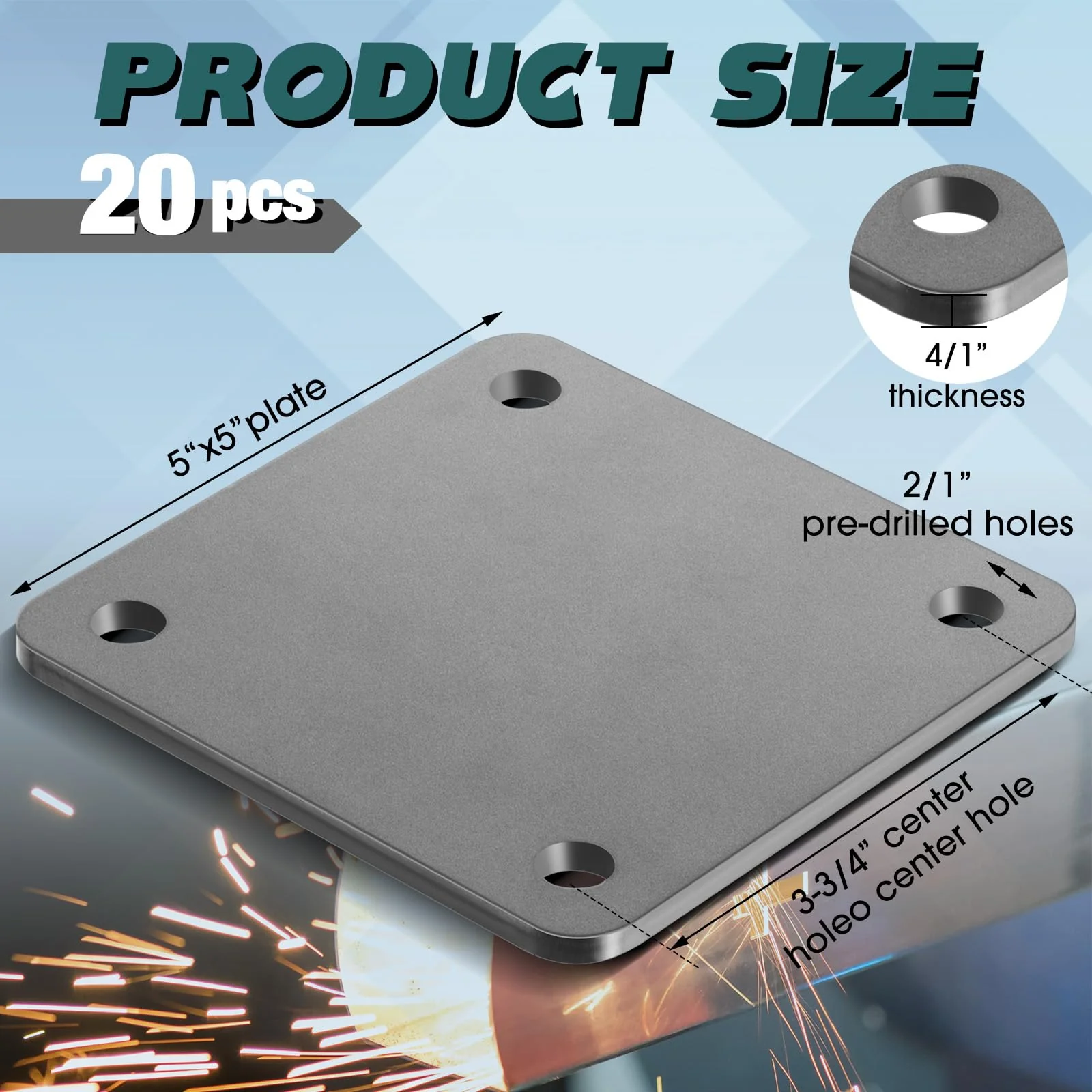 20 Pcs A36 Steel Plate Hot Rolled Steel Plate Base with 4 Holes 3/8 Inch Diameter, 3/16 Inch Thick Weldable Metal Sheet for Structure Support and Industrial Use (4 x 4 Inch) - Image 2