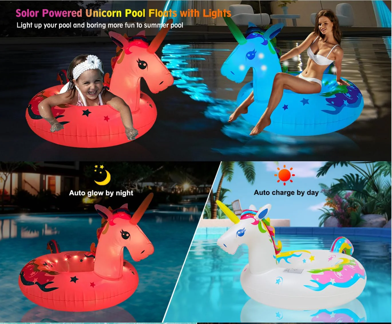 43 Inch Solar Powered Floating Unicorn Pool Light with 7 Modes Color Changed LED Lights,Large Inflatable Pool Swim Ring - Image 3