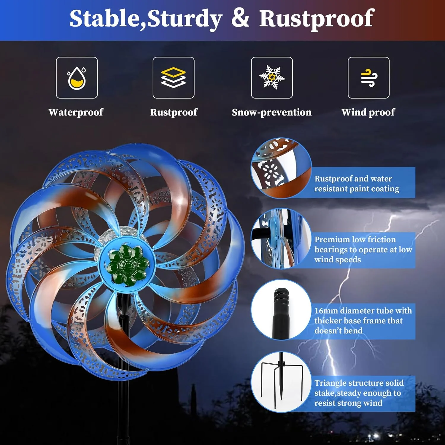 Wind Spinners Outdoor Clearance for Yard and Garden Metal Wind Spinners Outdoor 75 in Kinetic Art with Solar Powered Multi-Color Glass Ball Light for Backyard Lawn Decorations - Image 6