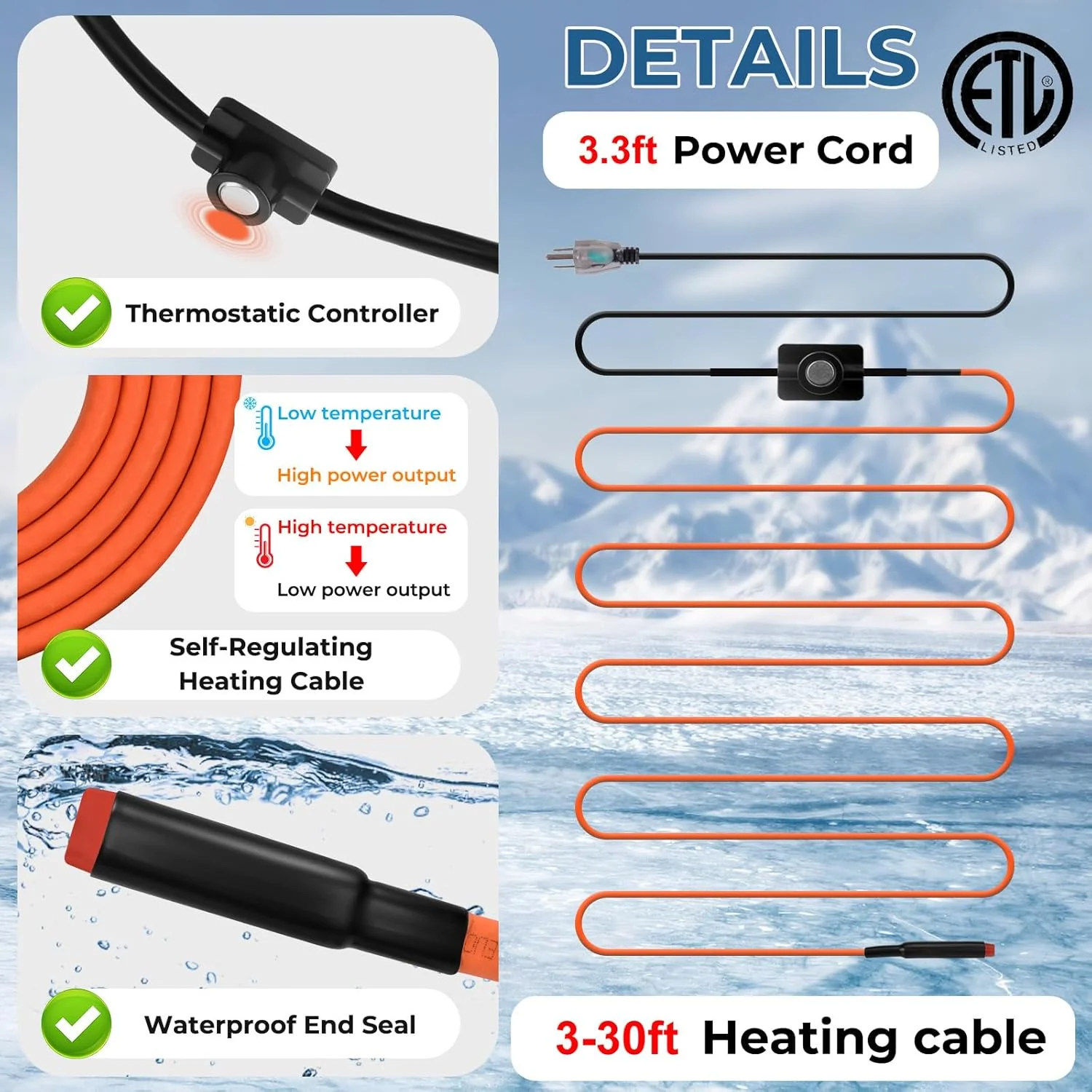 15FT Heat Tape for Water Pipes Freeze Protection IP65 Waterproof 7W/FT 110V BDDFOTO Water Pipe Heat Cable With Thermostat Self-Regulating Pipe Heater for House Garden/RV Camper - Image 3