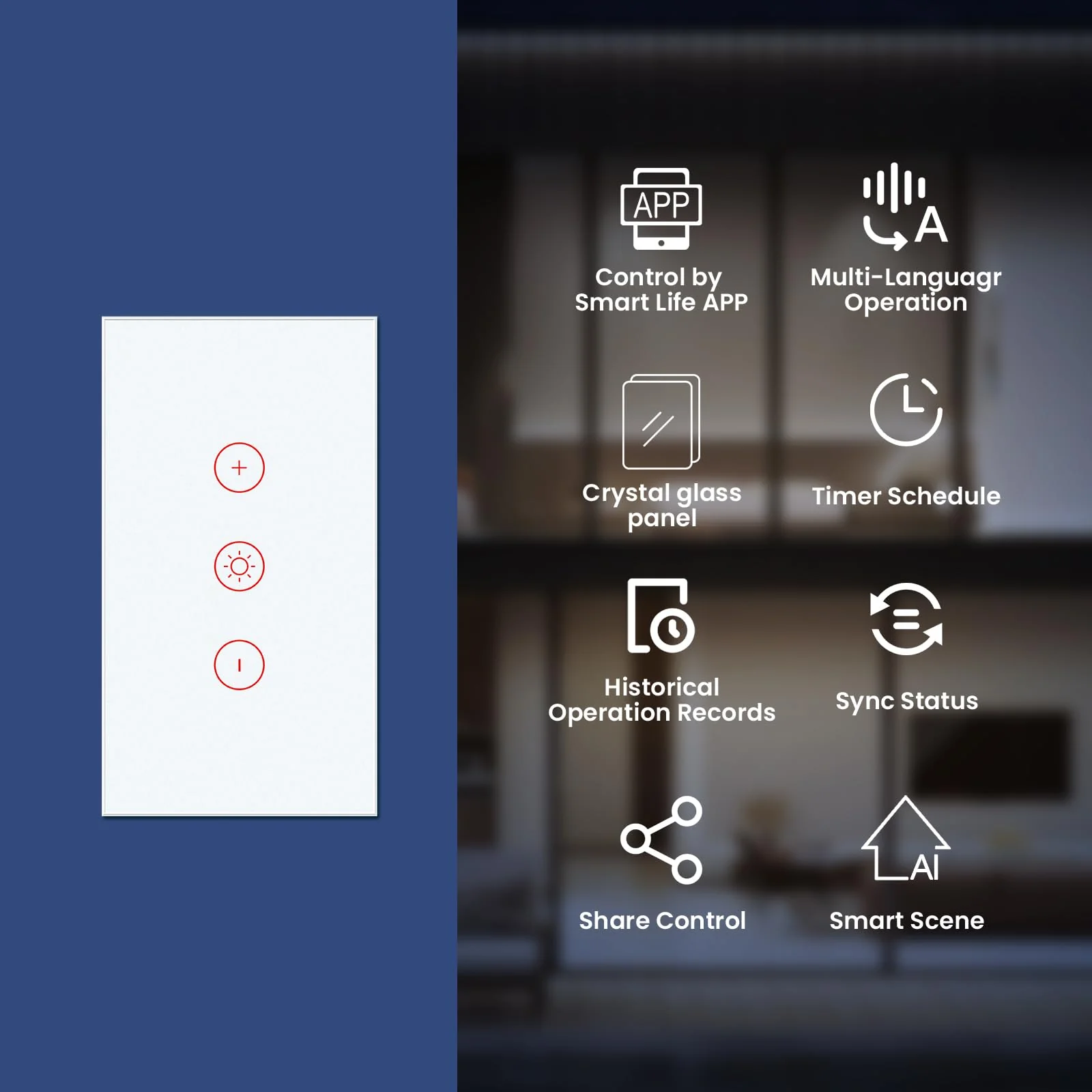 Smart Dimmer Switch,Single-Gang,Neutral Required,2.4GHz,Tuya/Smart Life App/Alexa,Tempered Glass Panel,White - Image 2