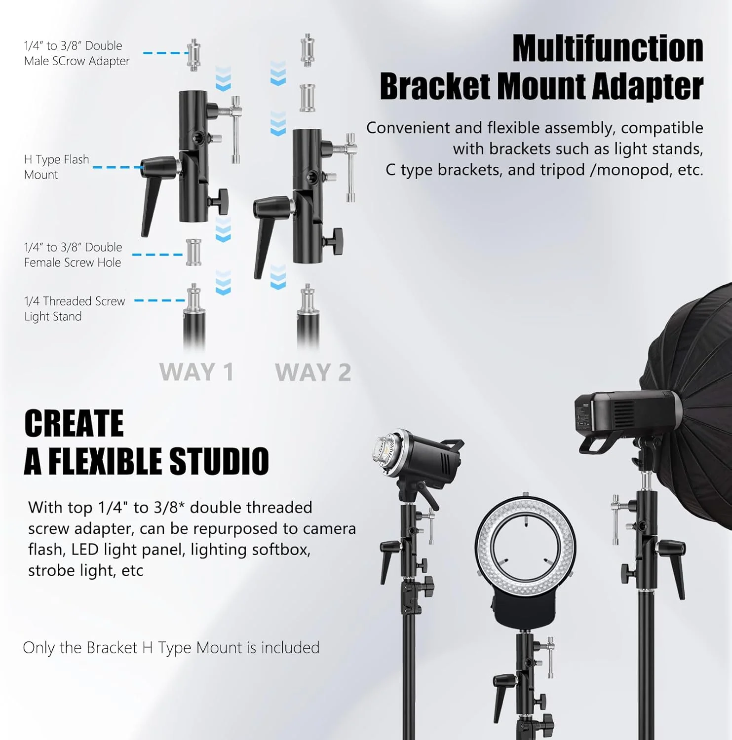 EMART Camera Flash Bracket H Type Mount with Umbrella Softbox Holder, 180° Swivel Adjustable Metal Light Stand Adapter with 1/4" to 3/8" Screw for Speedlite LED Tripod (2 Pack) - Image 2