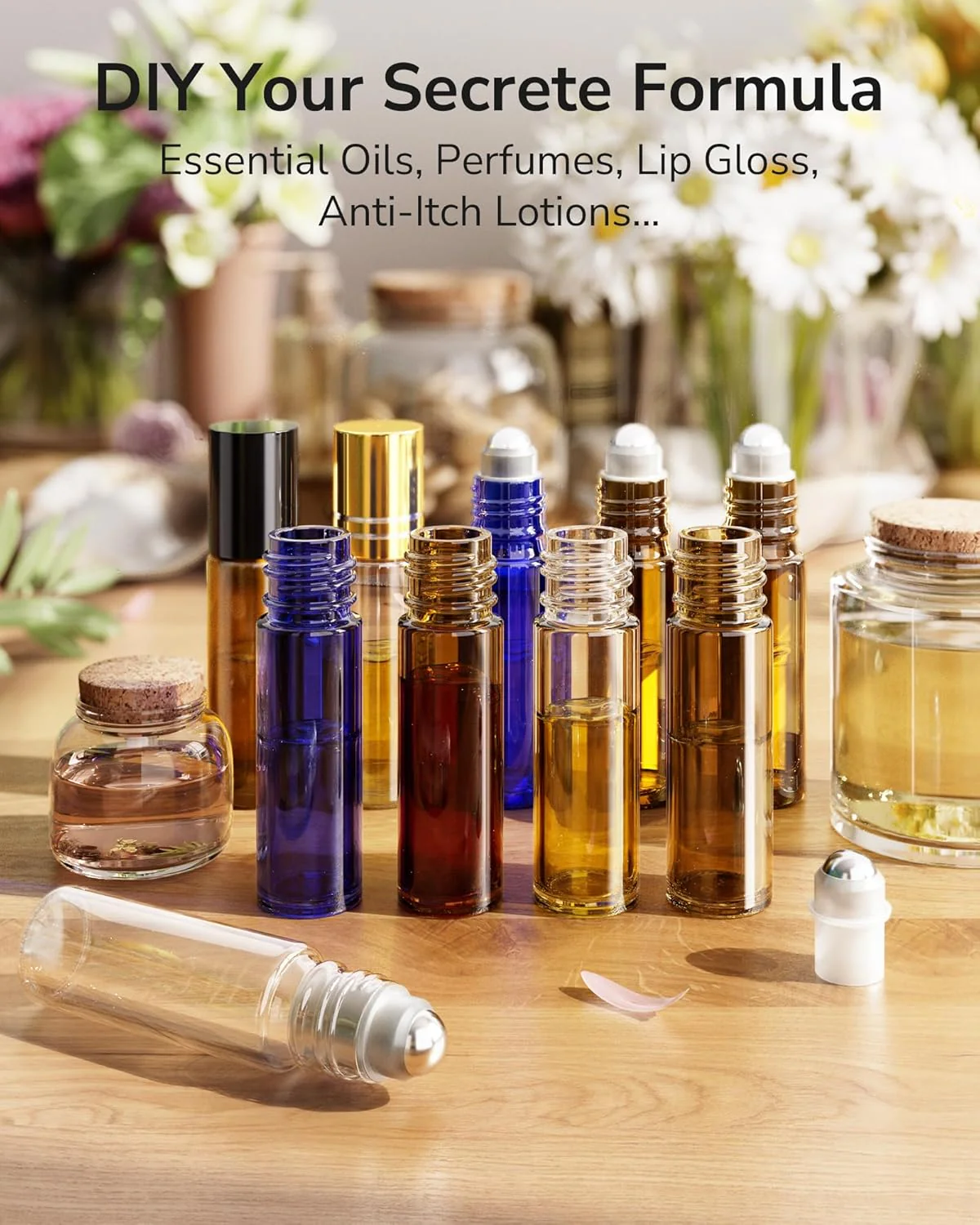 Essential Oil Roller Bottles 8/48 Pack 10ml - ULG Glass Empty Roll on Bottles with Stainless Steel Roller Balls (Amber, 48count) - Image 6