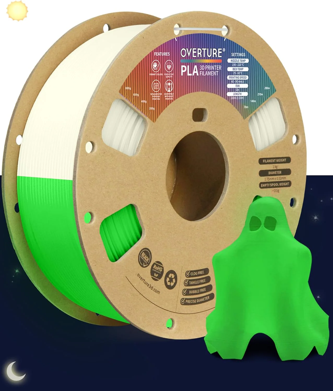 OVERTURE Glow PLA 3D Printer Filament Fluorescent Green 1.75mm, 1-Pack
