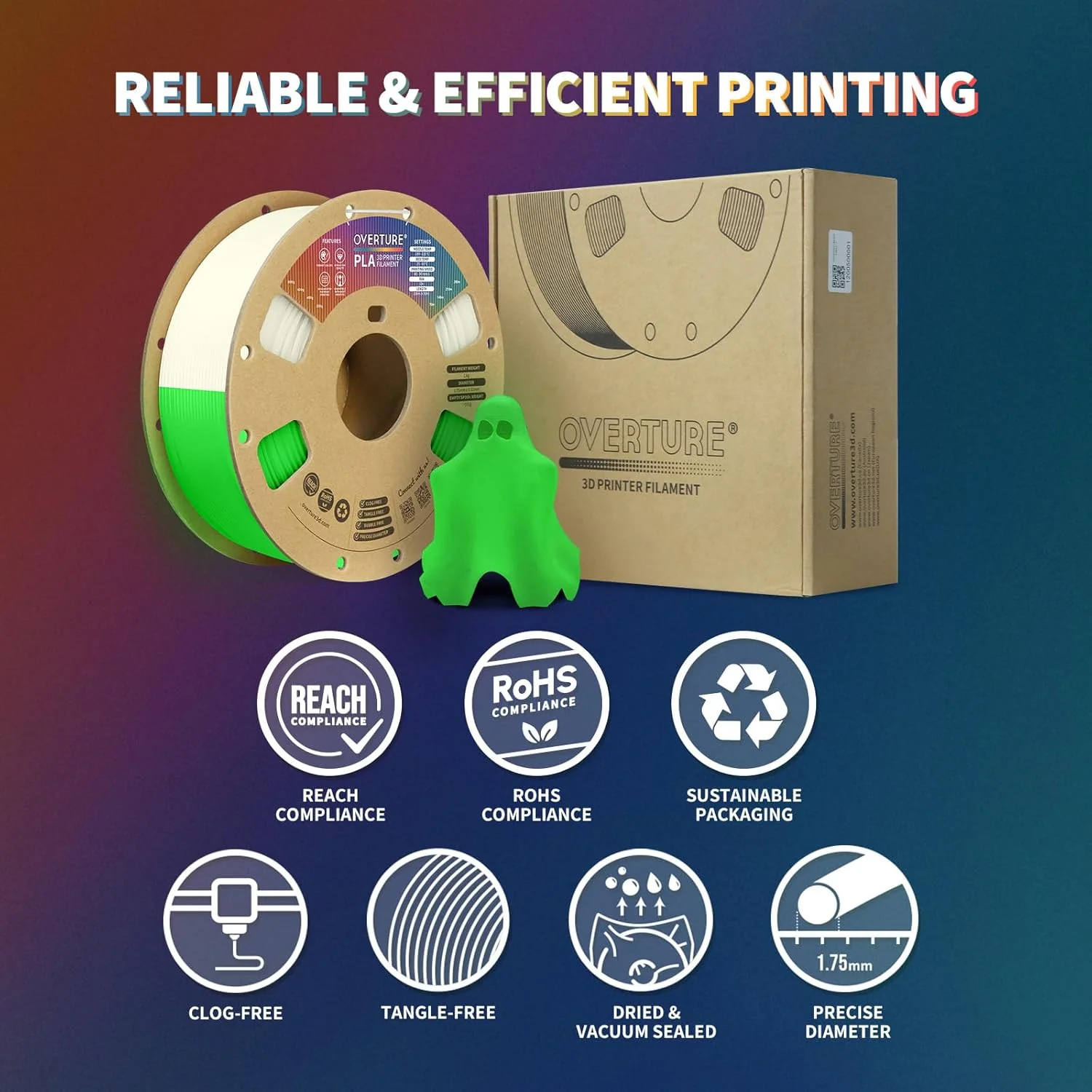 OVERTURE Glow PLA 3D Printer Filament Fluorescent Green 1.75mm, 1-Pack - Image 7