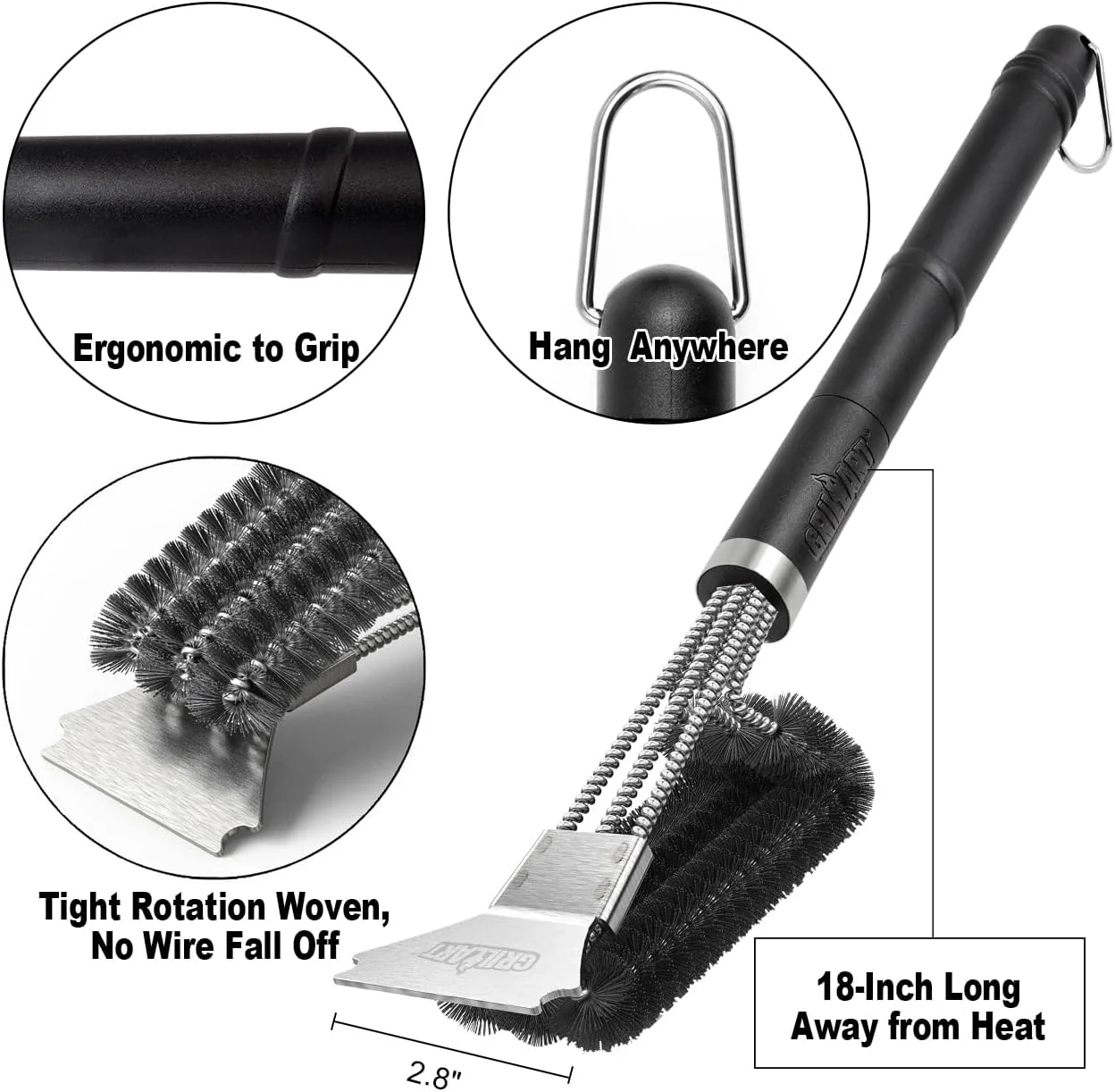 GRILLART Grill Brush and Scraper Tightly-Woven 3 in 1 Wire Bristles, Safe 18” Long Handle Heavy-Duty Stainless Cleaning Tool, Outdoor Grill Barbecue Cleaner BBQ Accessories, Gifts for Men Dad, BR-4516 - Image 2