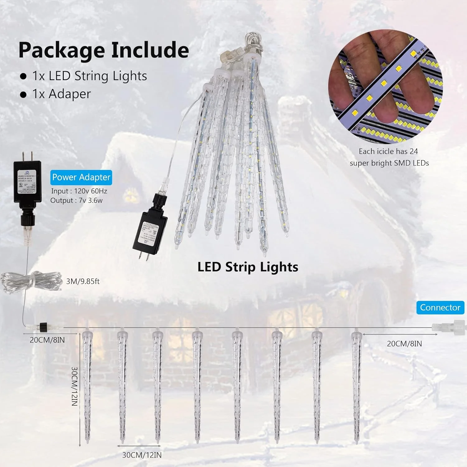 WATERGLIDE Meteor Shower Lights, 11" Outdoor Christmas Lights 10 Icicles 240 SMD LED Crystal Ice Falling Light, Connectable Raindrop Iciclelights, Xmas Winter Party Tree Holiday Decor, White - Image 4
