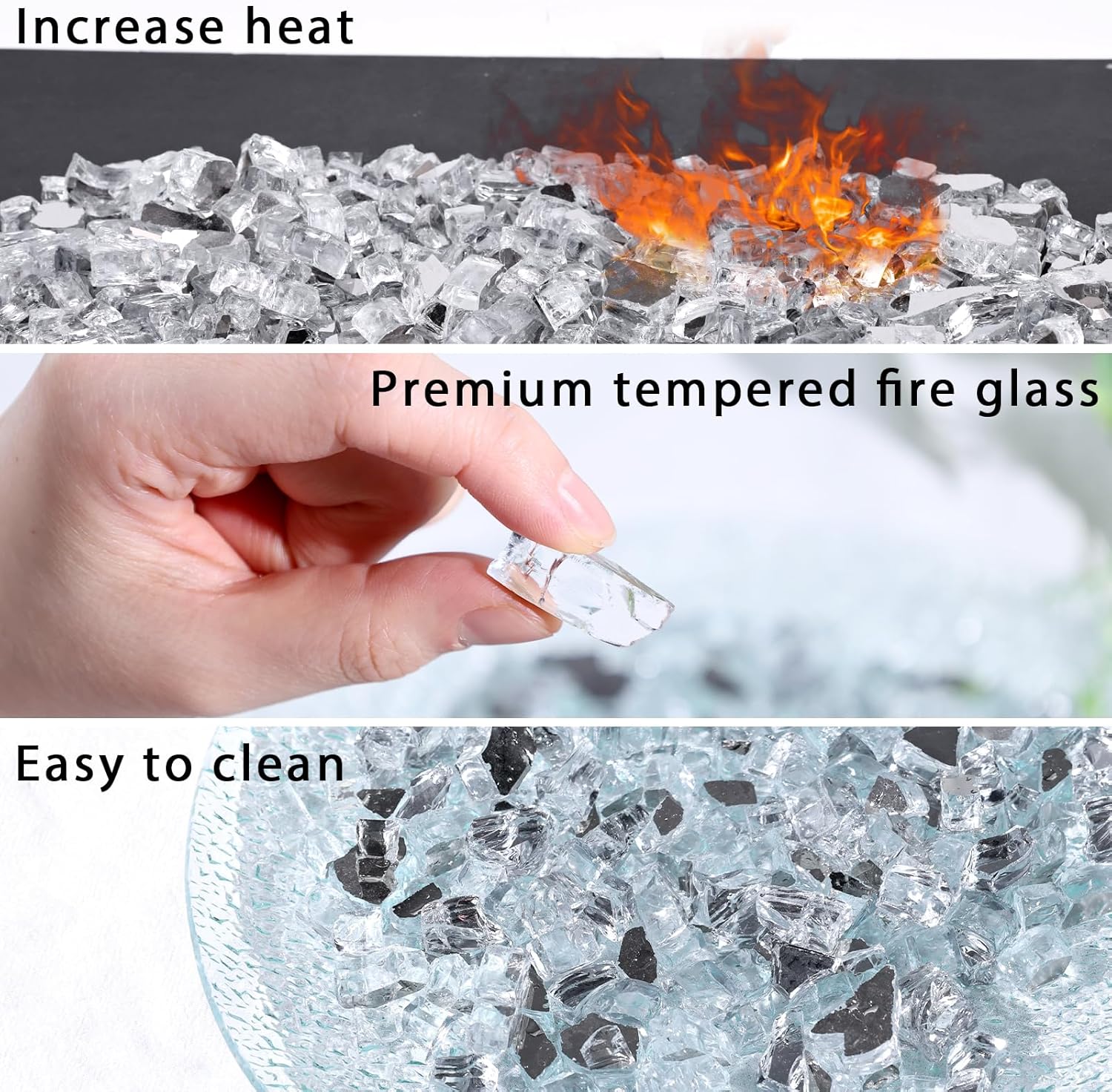 DomeStar 10LB Fire Glass for Fire Pit, High Luster Reflective Tempered Glass Rocks for Natural or Propane Fireplace Outdoors Indoors Silver - Image 3