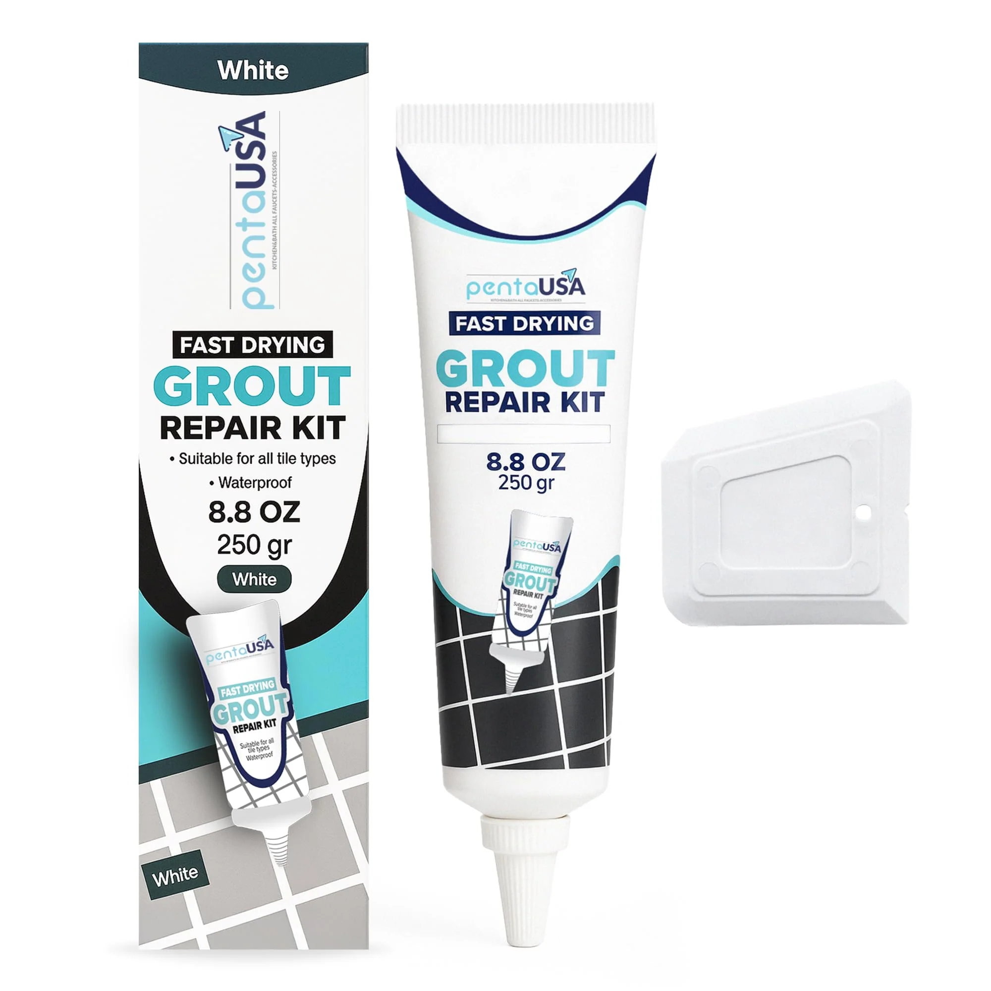 PentaUSA Tile Grout Repair Kit - White Grout Filler, Triple Protection, Fast Drying Formula Restores and Renews Grout Lines with Scraper (White, 8.8oz / 250gr)