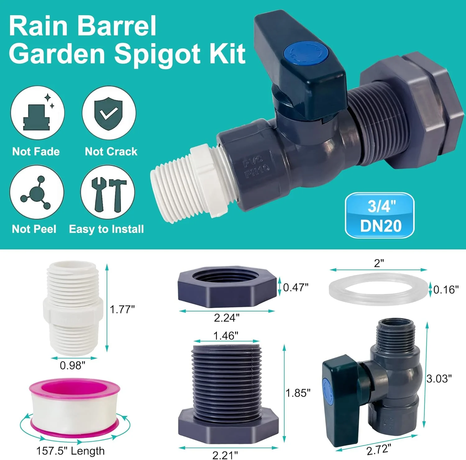 2 Pack Rain Barrel Diverter Kit, 3/4 Inch PVC Garden Water Barrel Spigot Kit with Bulkhead Fitting Hose Faucet Adapter and Thread Seal Tape for Water Tanks,Aquariums,Tubs,Pools,Garden Barrels - Image 2