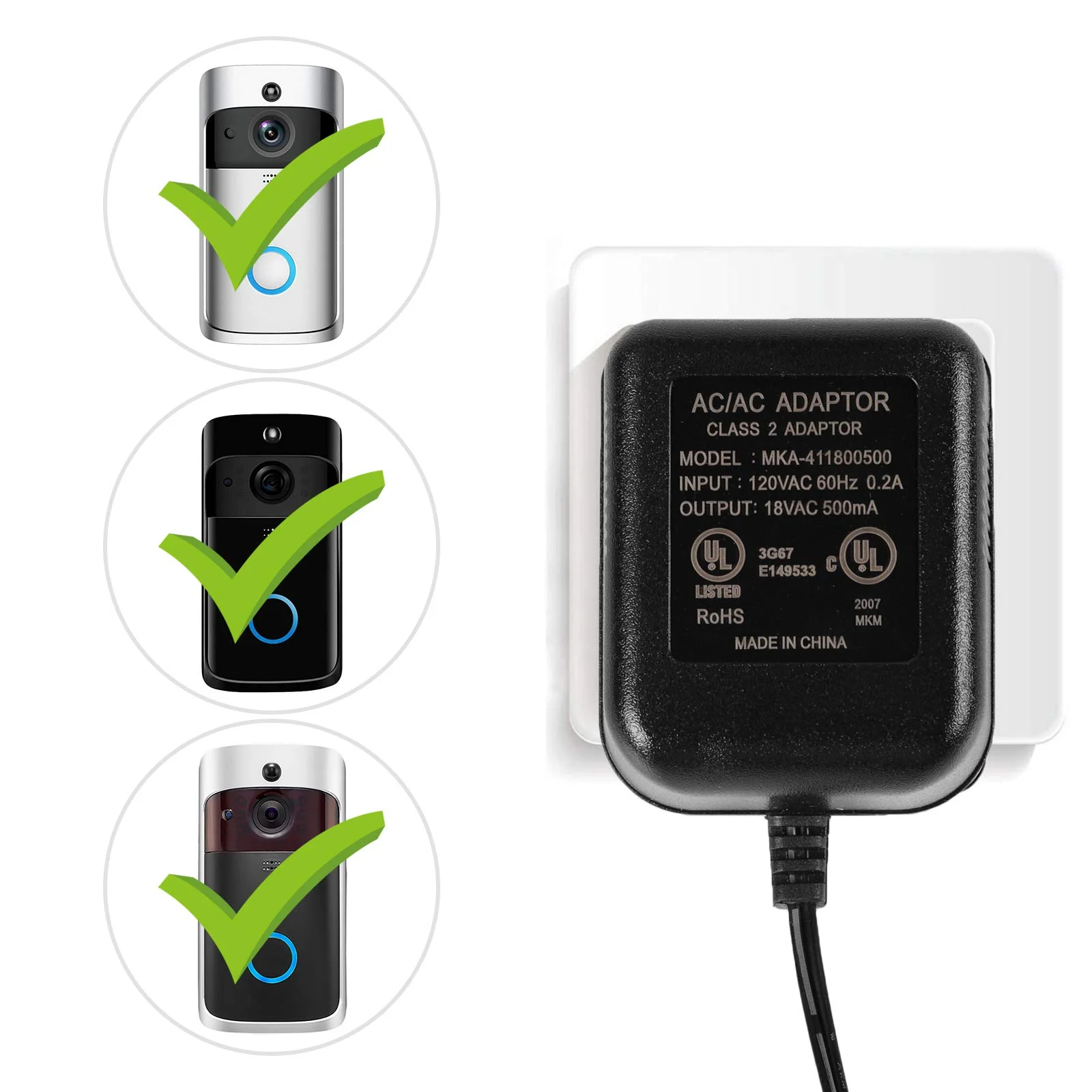AC 18V 500mA Doorbell Transformer,Ring Power Adapter Wired Door Bell Power Supply for Video Doorbell Ring 1/2/2 Pro and Thermostats,5m/16.4ft Cable - Image 3