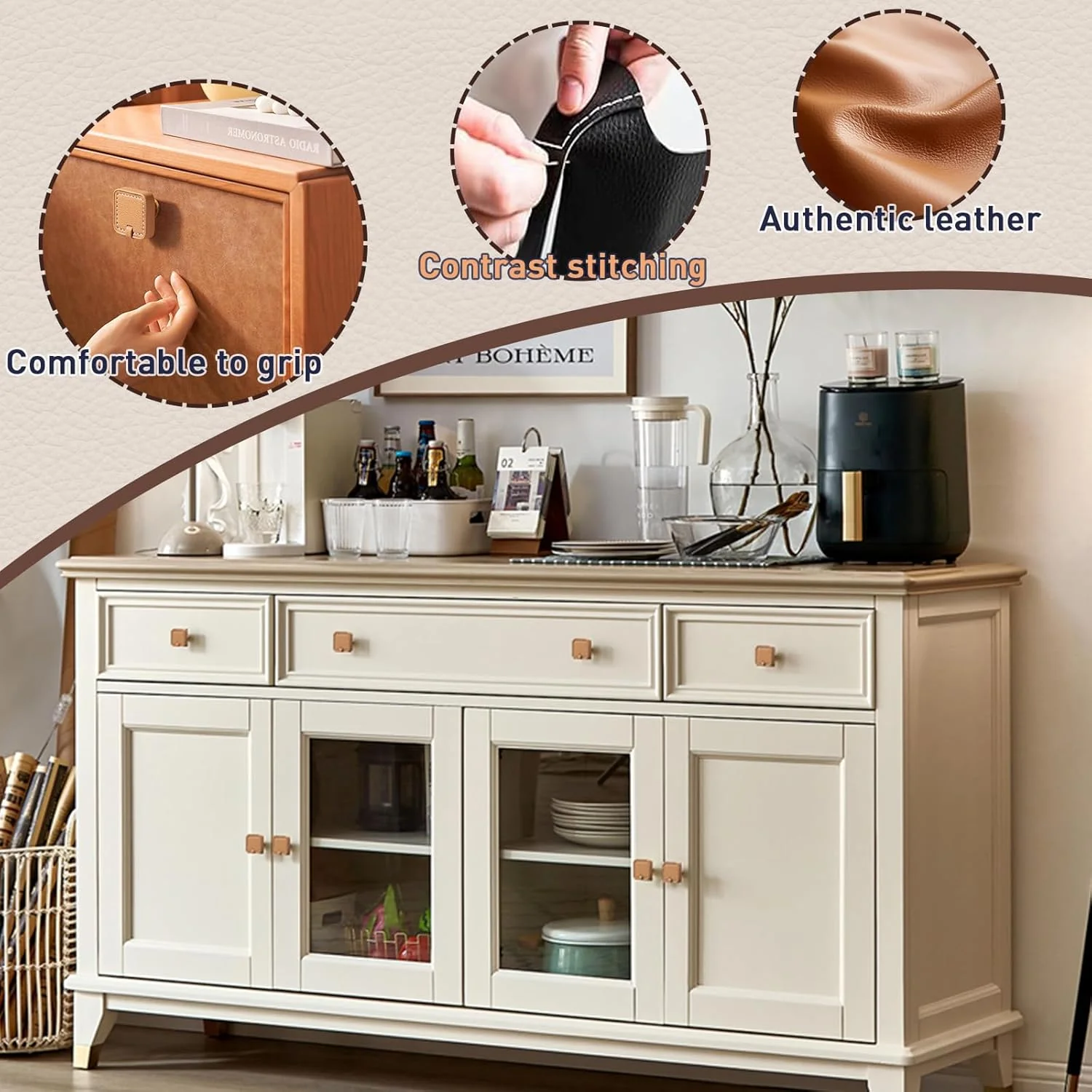 2 Pack Leather Cabinet Handle Pulls 5” Hand-Stitch Brown Leather Drawer Pulls Dresser Handle Pulls for Cabinets Cupboards Dressers Drawers Bedroom Leather Pulls - Image 4