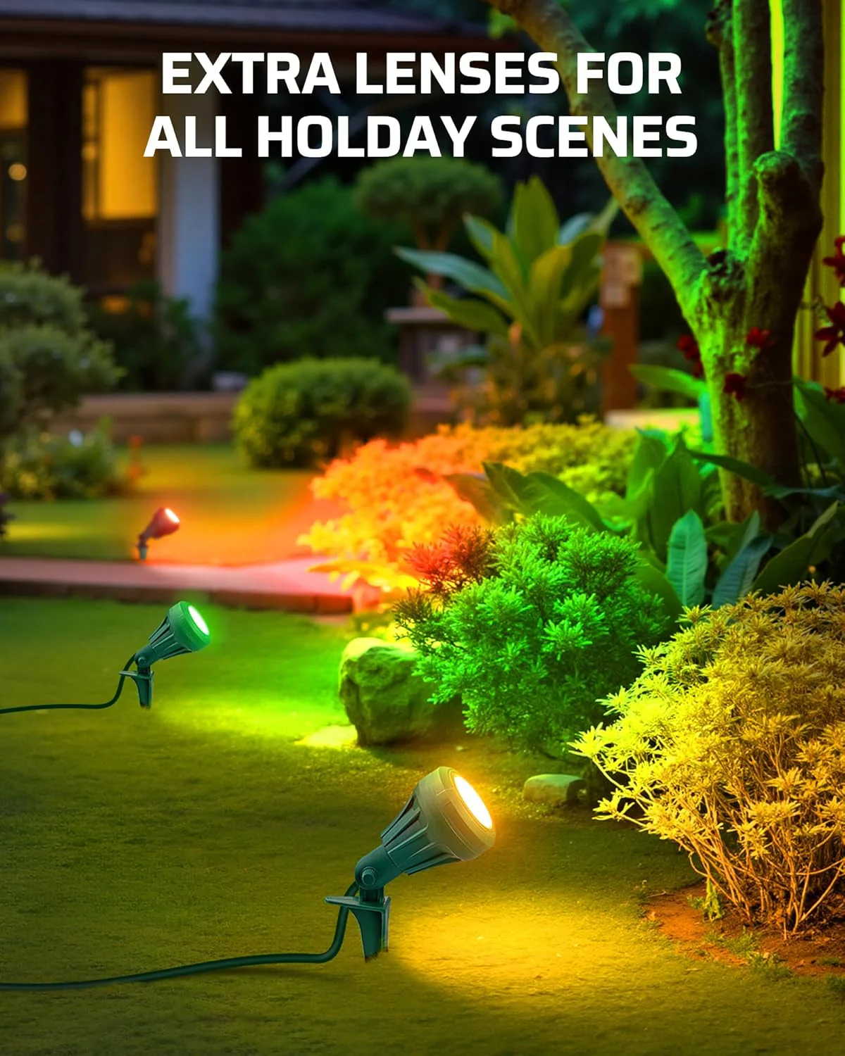 DEWENWILS 120V Spotlight Outdoor, 500LM Waterproof LED Spot Light with 3 Extra Lenses (Red Yellow Green), Landscape Lighting for Holiday, Trees, Flag, 5FT Extension Cord, UL Listed - Image 3