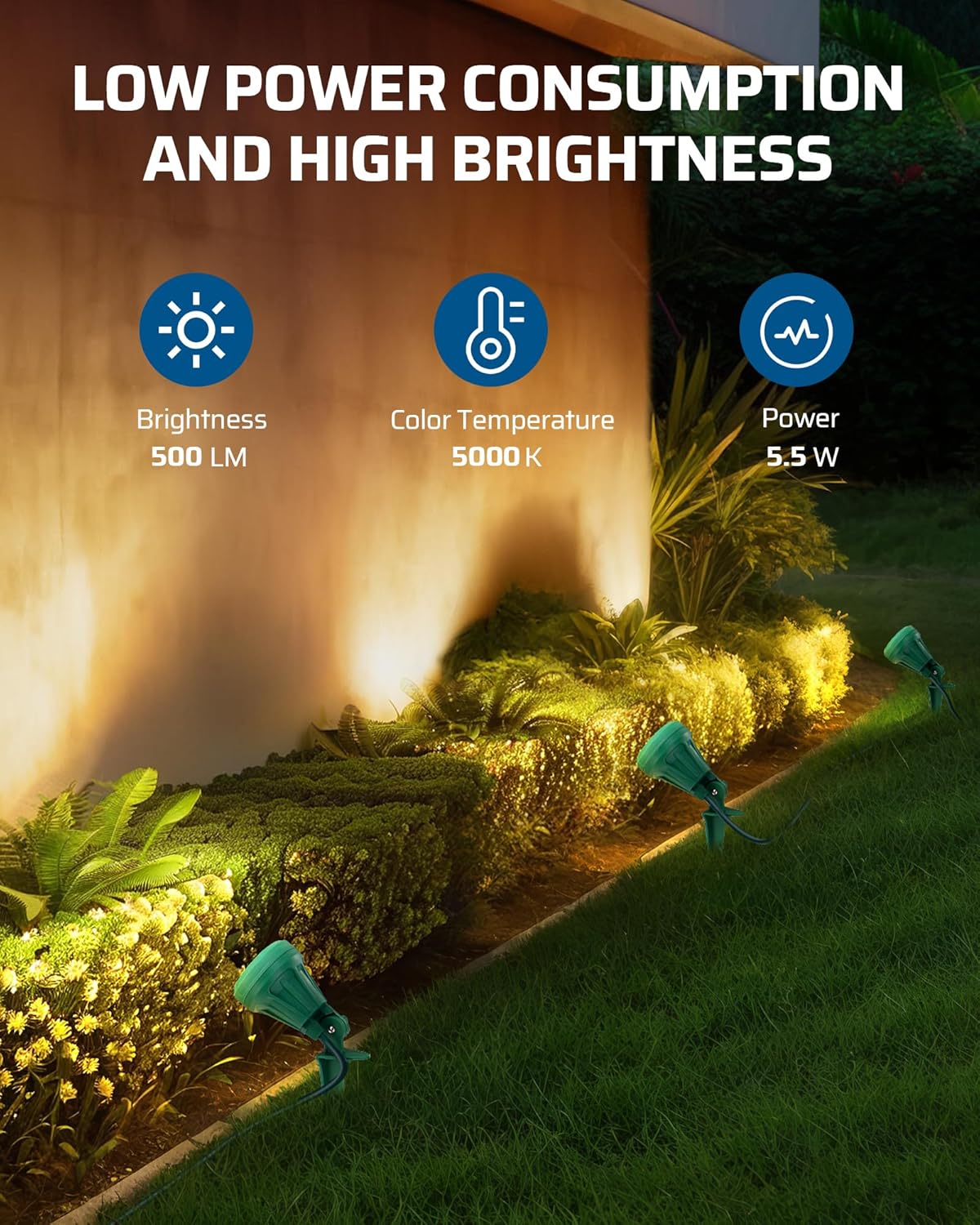 DEWENWILS 120V Spotlight Outdoor, 500LM Waterproof LED Spot Light with 3 Extra Lenses (Red Yellow Green), Landscape Lighting for Holiday, Trees, Flag, 5FT Extension Cord, UL Listed - Image 5