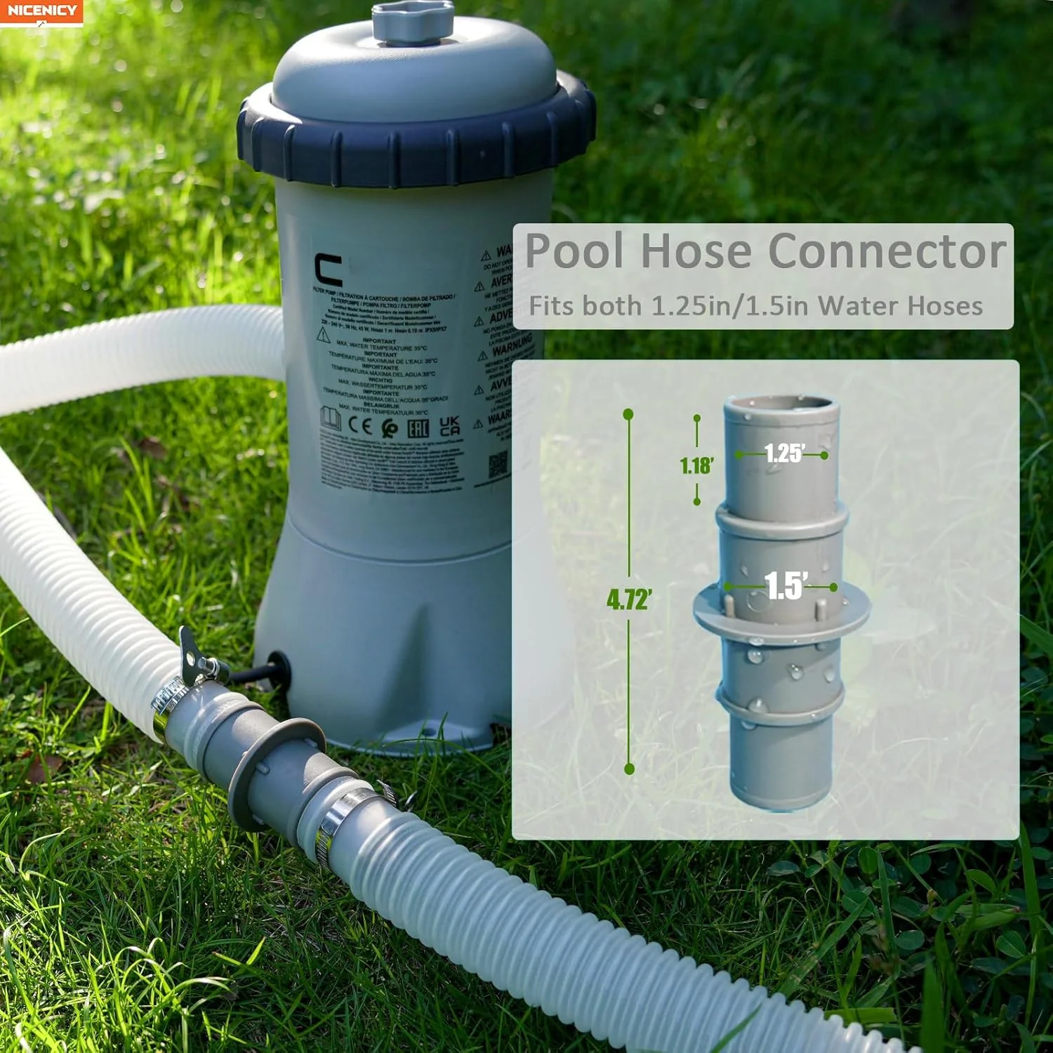 NICENICY Pool Hose Connector, 1.5" or 1.25" Pool Hose Connector Coupling with 4PCS Steel Clamps, Pool Hose Adapter for Swimming Pool Vacuum or Filter Pump Hoses, 2PCS - Image 3