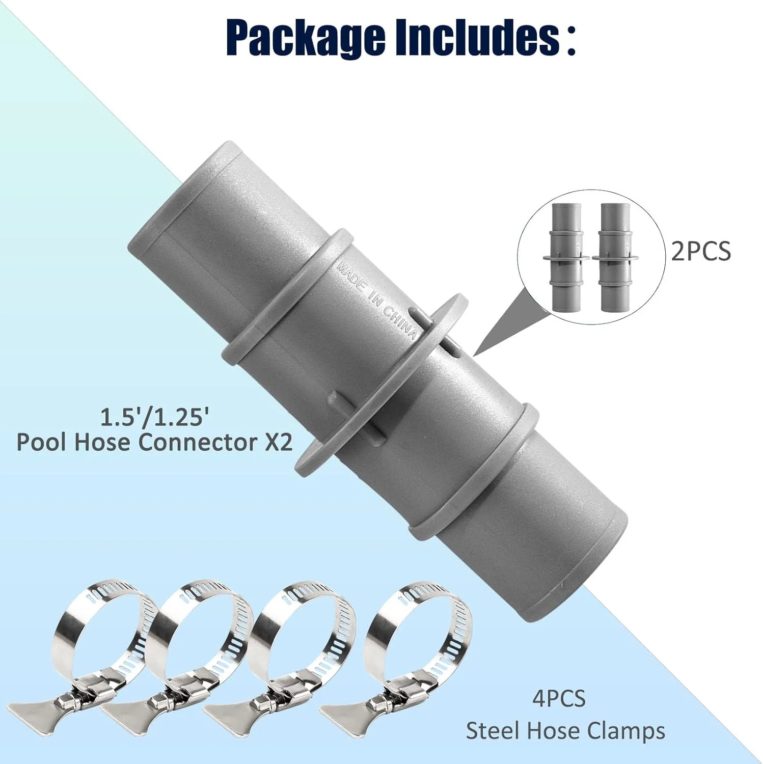 NICENICY Pool Hose Connector, 1.5" or 1.25" Pool Hose Connector Coupling with 4PCS Steel Clamps, Pool Hose Adapter for Swimming Pool Vacuum or Filter Pump Hoses, 2PCS - Image 5