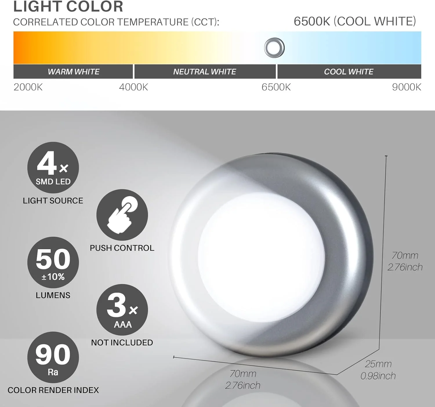 STAR-SPANGLED 5 Pack 2.8” Push Tap Lights, Stick on Touch Puck Lights AAA Battery Operated, LED Sticky Button Lights for Classroom, Kitchen, Under Cabinet, Closet (Sliver, Cool White) - Image 4