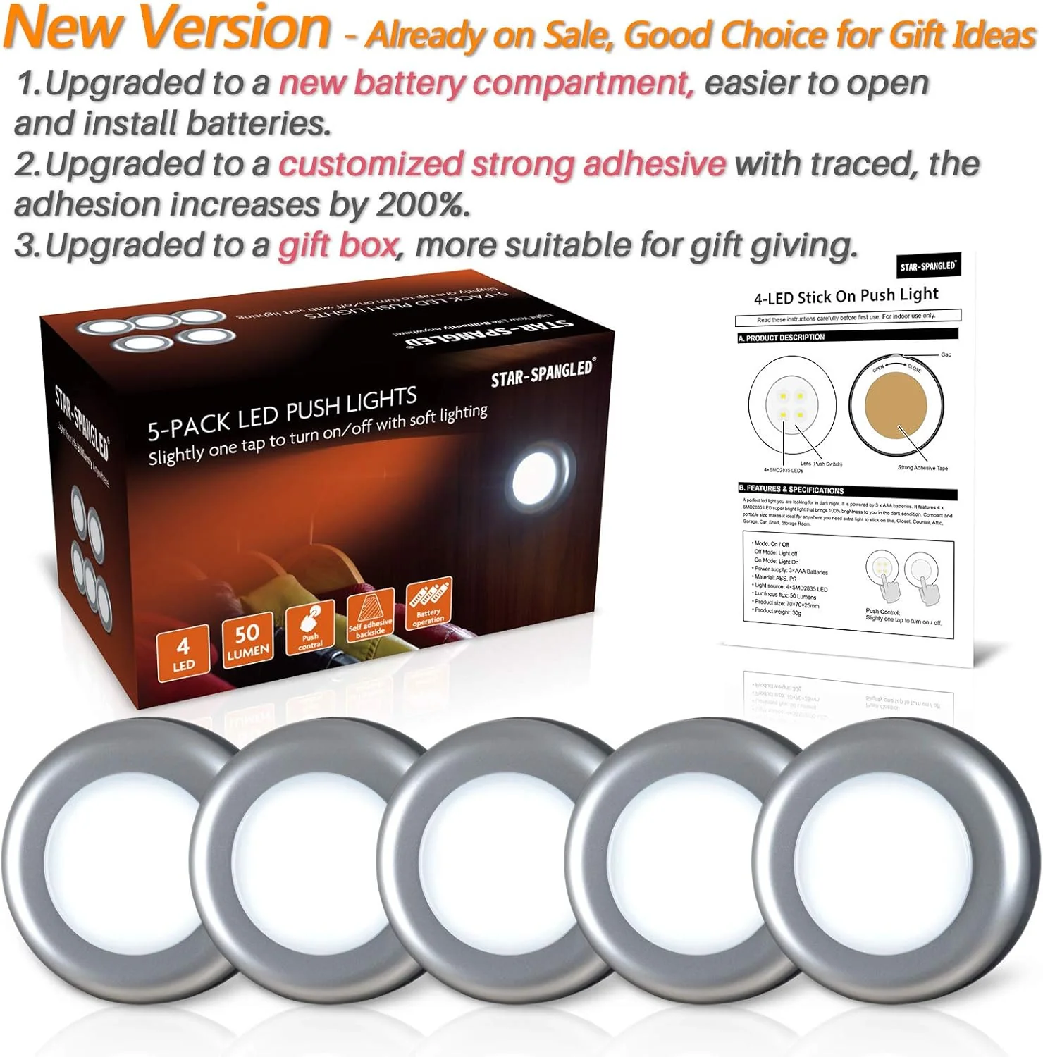 STAR-SPANGLED 5 Pack 2.8” Push Tap Lights, Stick on Touch Puck Lights AAA Battery Operated, LED Sticky Button Lights for Classroom, Kitchen, Under Cabinet, Closet (Sliver, Cool White) - Image 7
