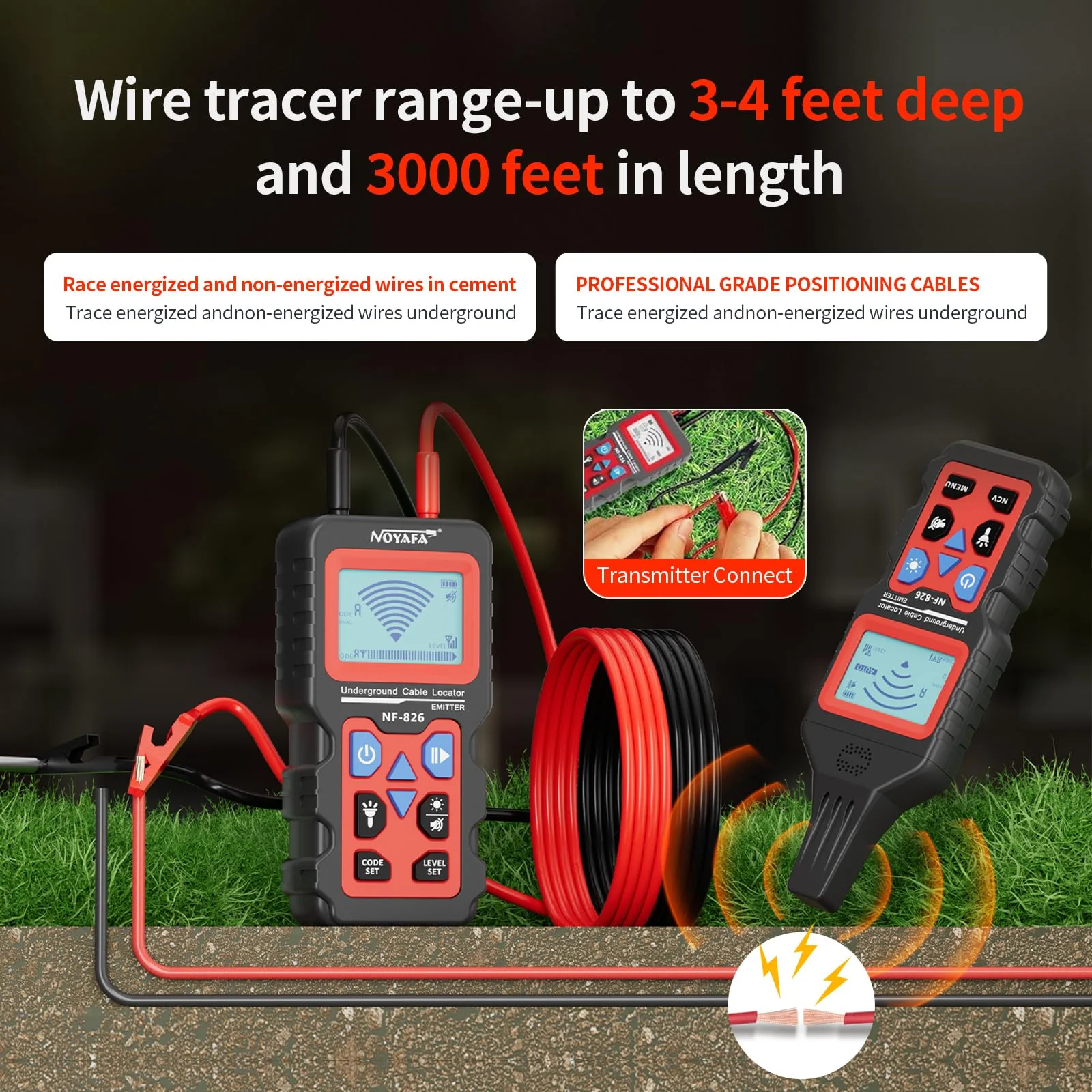 NOYAFA NF-826 Underground Cable Locator Wire Tracker, for Dog Fence Cables Irrigation, Wall and Underground Pipeline Wire Detector - Image 2