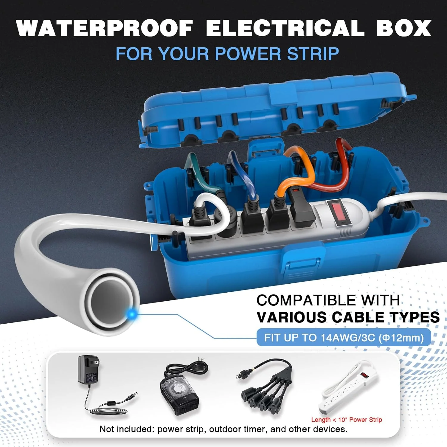 Flemoon [2 Pack] Outdoor Electrical Box Waterproof, Medium Weatherproof Electrical Box (11.5x5.2x4 inch) w/6 Cable Entry Ports, Extension Cord Cover for Power Strip, Timer, Plug, Holiday Light, Blue - Image 2