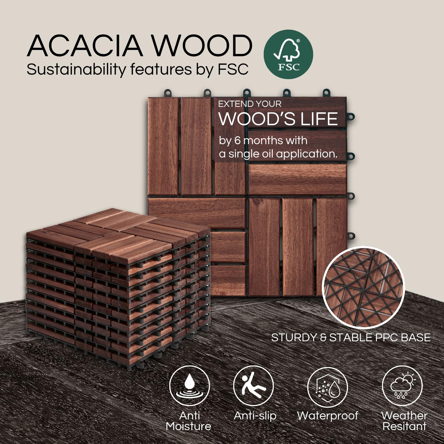 Set 10 Premium Deck Tiles, Interlocking Deck Tile, Wooden Patio Flooring Outdoor Waterproof, Acacia Wood Decking All Weather for Balcony Indoor and Outdoor Use (Dark Brown, Round Joints) - Image 3