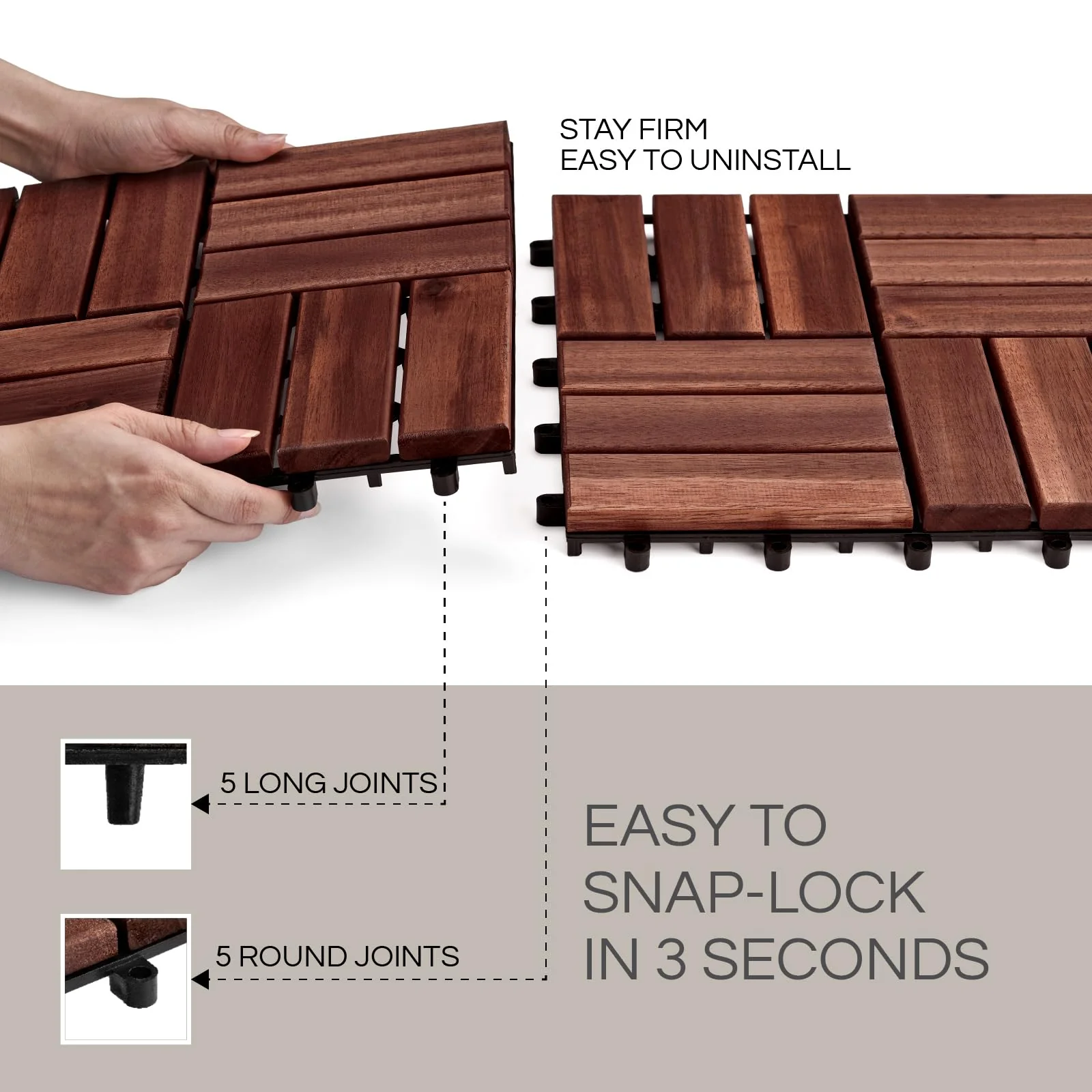 Set 10 Premium Deck Tiles, Interlocking Deck Tile, Wooden Patio Flooring Outdoor Waterproof, Acacia Wood Decking All Weather for Balcony Indoor and Outdoor Use (Dark Brown, Round Joints) - Image 5
