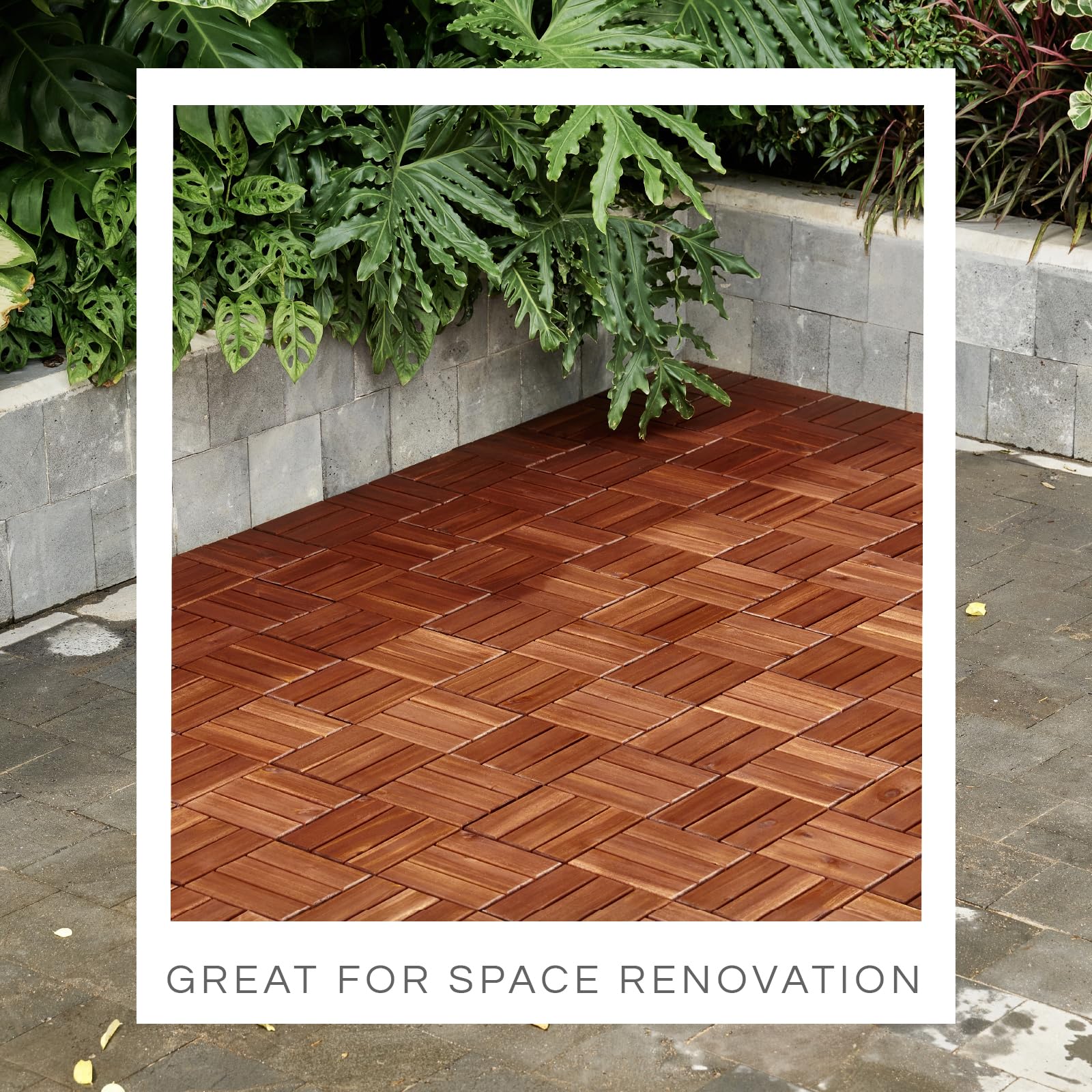 Set 10 Premium Deck Tiles, Interlocking Deck Tile, Wooden Patio Flooring Outdoor Waterproof, Acacia Wood Decking All Weather for Balcony Indoor and Outdoor Use (Dark Brown, Round Joints) - Image 7