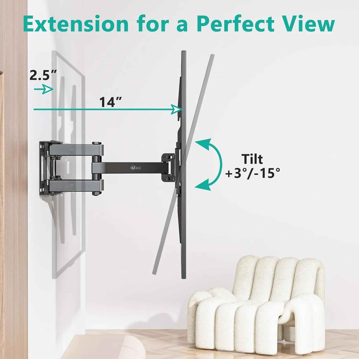 WALI Full Motion TV Wall Mount for Most 32-70 inch Flat Curved TVs, Swivel Extension Tilting Leveling TV Mount Bracket Max Mounting Holes 400x400mm, Holds up to 88 lbs & 12/16" Wood Studs - Image 3
