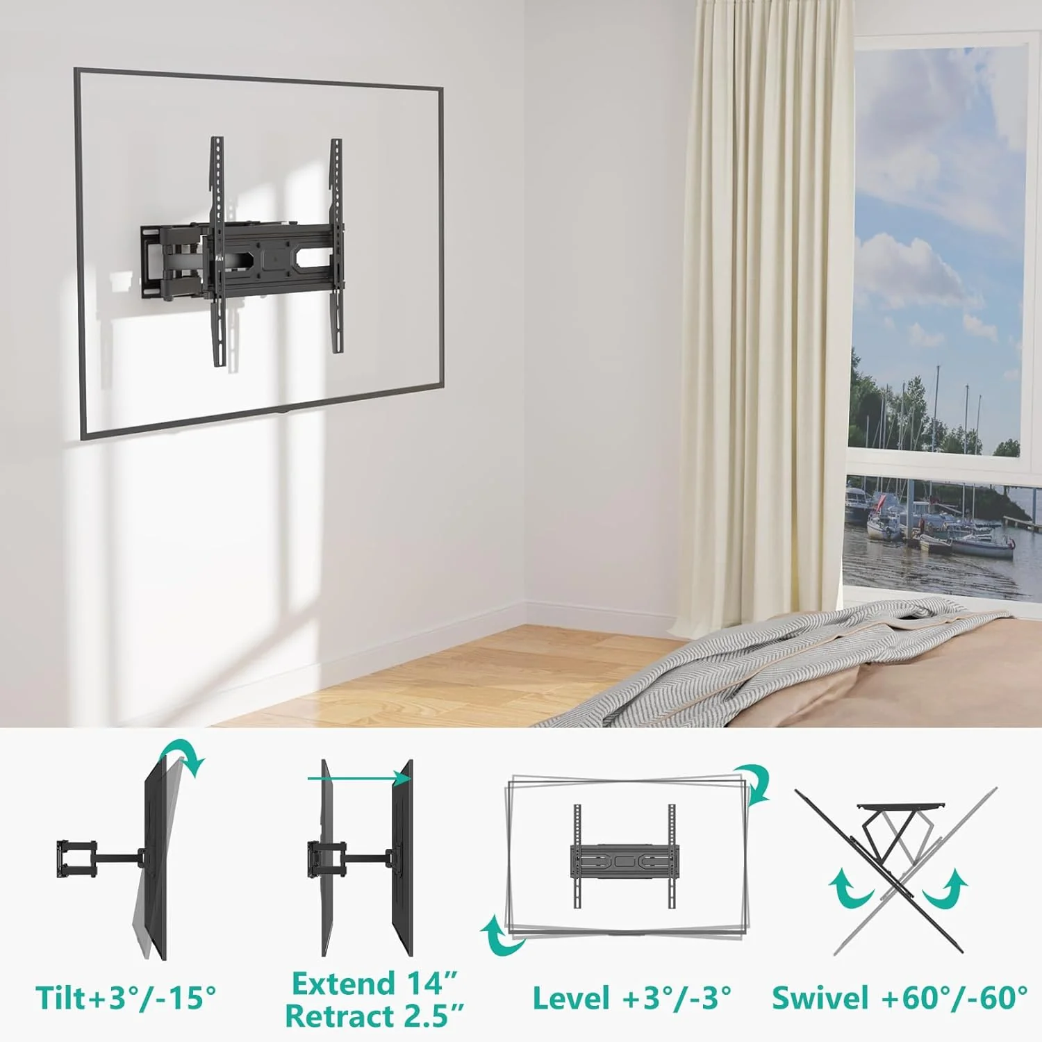 WALI Full Motion TV Wall Mount for Most 32-70 inch Flat Curved TVs, Swivel Extension Tilting Leveling TV Mount Bracket Max Mounting Holes 400x400mm, Holds up to 88 lbs & 12/16" Wood Studs - Image 8