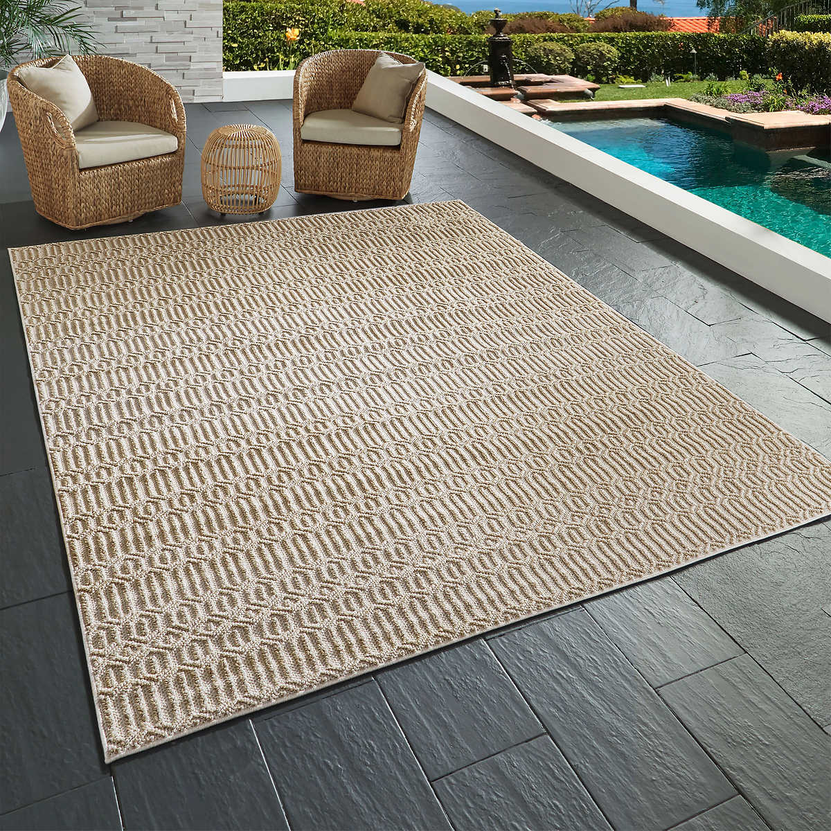 NEW - Costco - Nautica Greenwich Geometric Natural Indoor/Outdoor Area Rug, 8 ft 8 in x 13 ft. - Retail $249