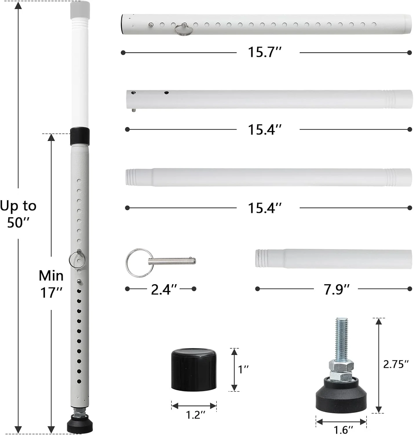 DIIG Sliding Door Security Bar,17.7-50.5inch Adjustable Locking Window Safety Bar with Rubber Tips,Diameter 1inch Window Security Bar for Home Apartment Travel (White) - Image 2