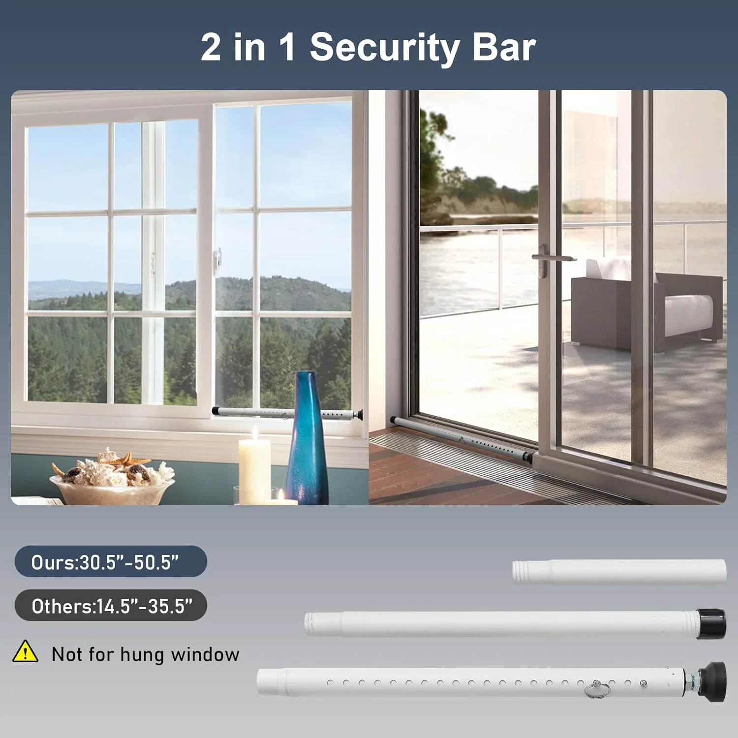 DIIG Sliding Door Security Bar,17.7-50.5inch Adjustable Locking Window Safety Bar with Rubber Tips,Diameter 1inch Window Security Bar for Home Apartment Travel (White) - Image 4