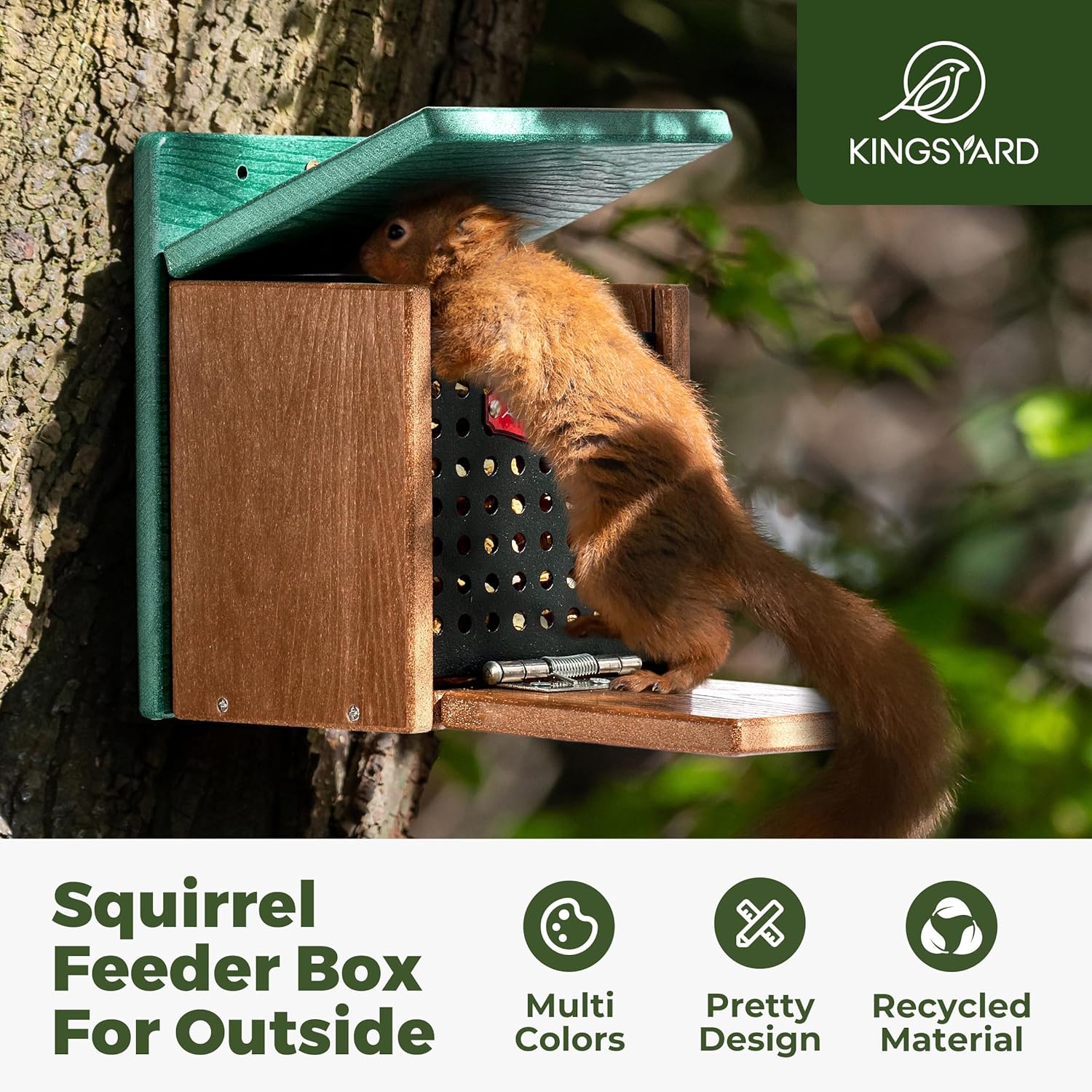 Kingsyard Squirrel Feeder Box for Outside, Recycled Plastic Squirrel Feeder with Removable Metal Front Panel & Perch, Easy to Fill & Clean, Weather-Proof Roof (Green) - Image 2