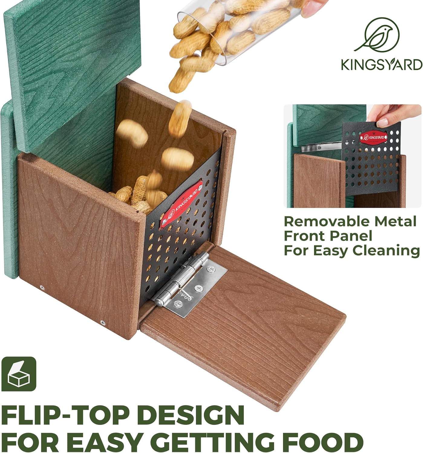Kingsyard Squirrel Feeder Box for Outside, Recycled Plastic Squirrel Feeder with Removable Metal Front Panel & Perch, Easy to Fill & Clean, Weather-Proof Roof (Green) - Image 3