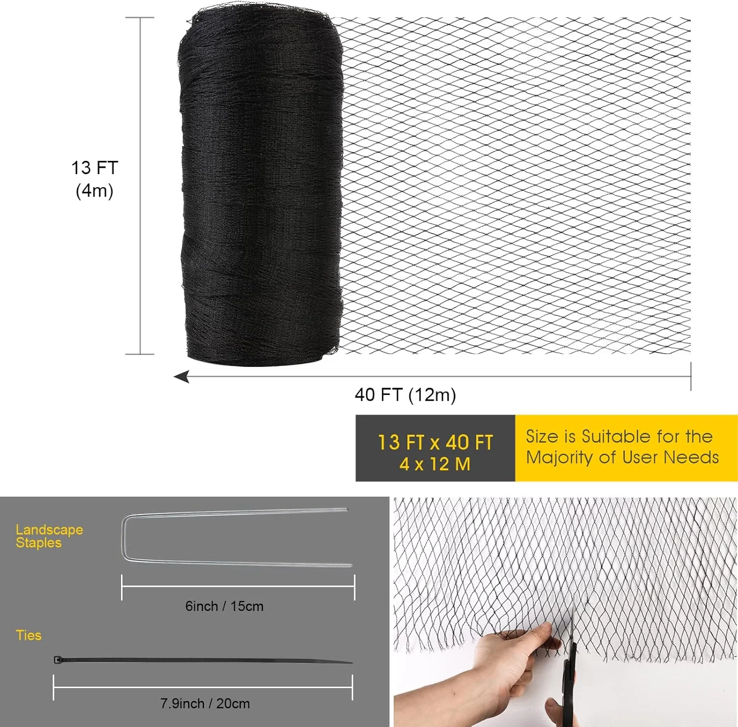 Bird Netting for Garden - 13 x 40 FT Heavy Duty Anti Bird Netting Mesh with Ties and Landscape Staples for Vegetable, Fruit Trees & Other Plants, Lasting Against Birds Deer Squirrels and Poultry - Image 3